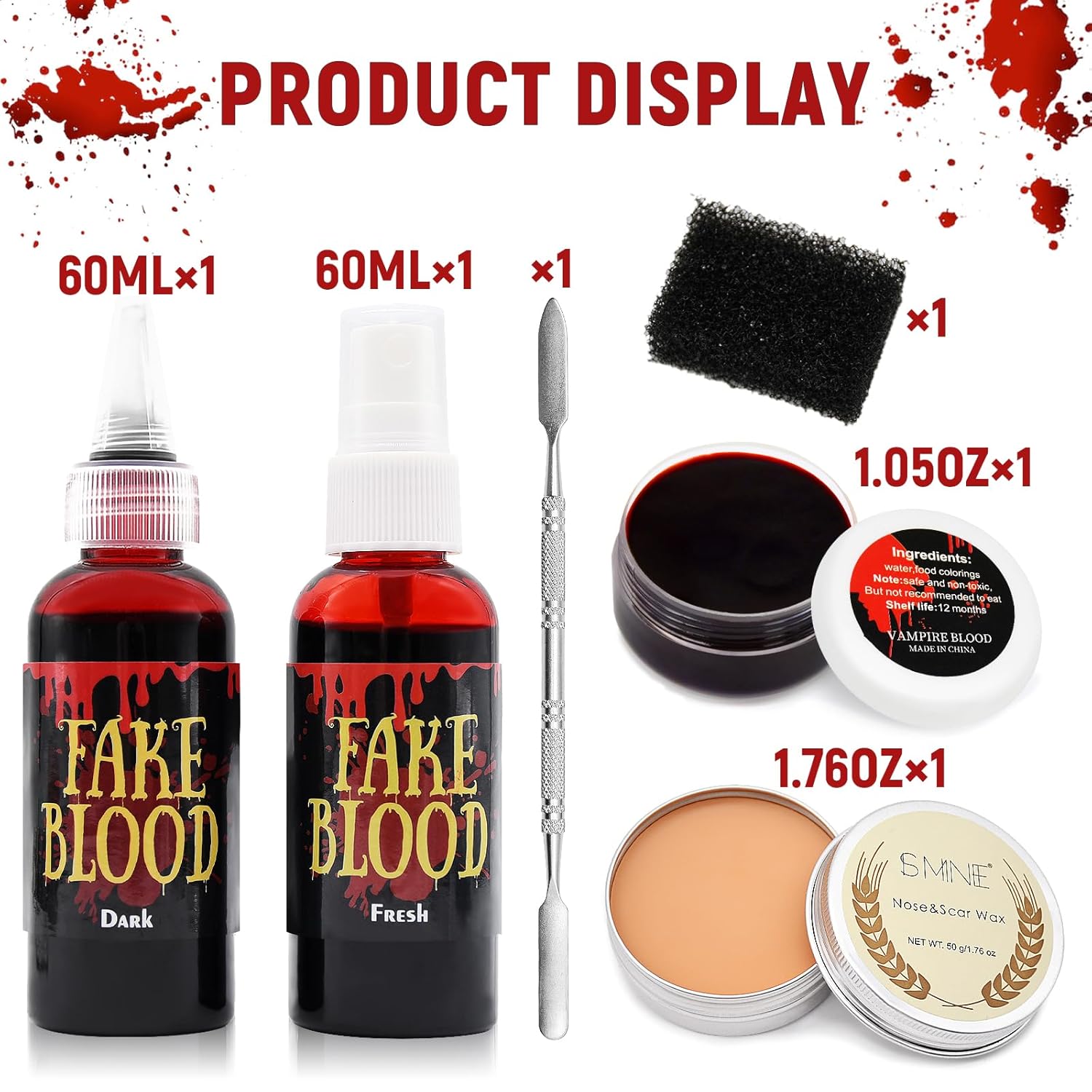 Kit de maquillaje SFX de cera para cicatrices de 6 piezas con spray de sangre falsa coagulada de gel de sangre coagulada, herramienta de espátula,