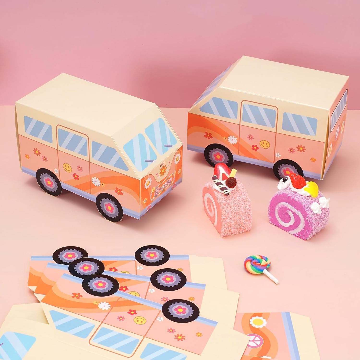 Whaline Paquete de 16 cajas de regalo de fiesta de estilo hippie, bús, cajas de papel de caramelos, decoraciones de fiesta de cumpleaños para fiesta