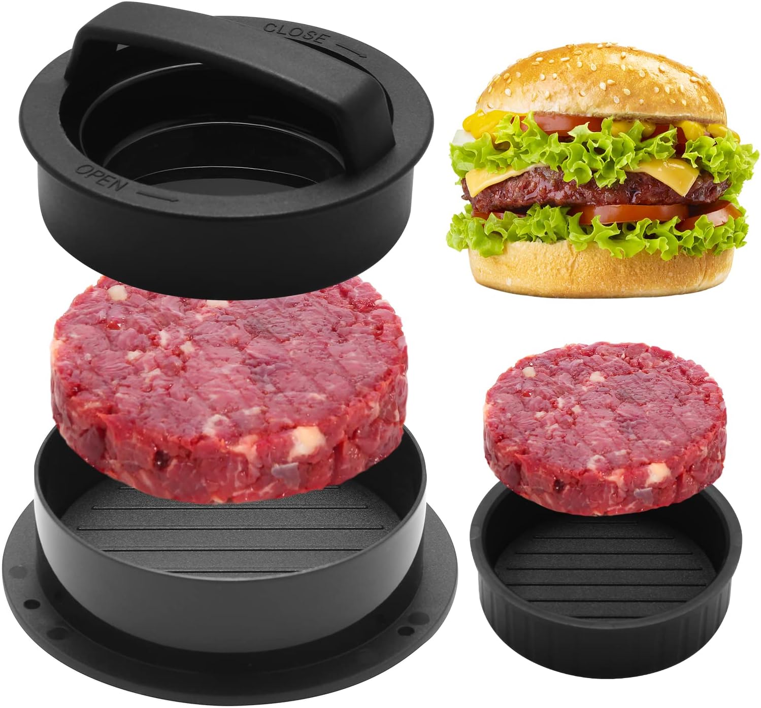 3-In-1 Stuffed Burger Press,Hamburger Press, Non-Stick Easy-to-Clean Kitchen Barbeque Accessory,Used for Stuffing Turkey Beef Vegetarian Patty