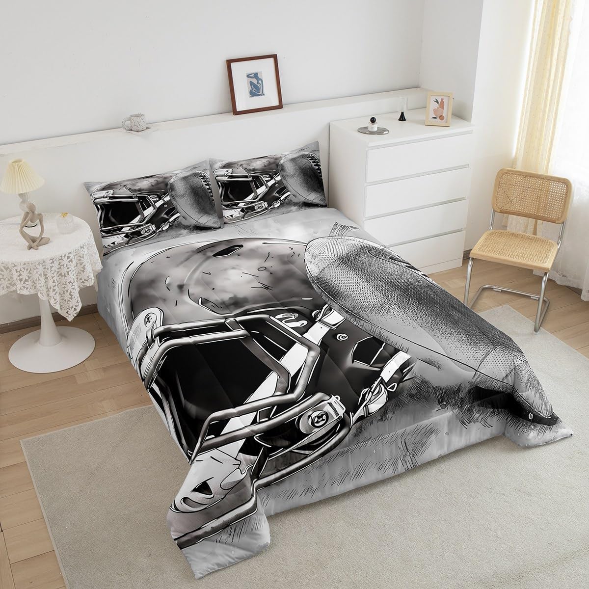 Erosebridal Juego de edredón gris para niños y adolescentes, juego de ropa de cama con temática deportiva, edredón acolchado con pintura de bocetos,