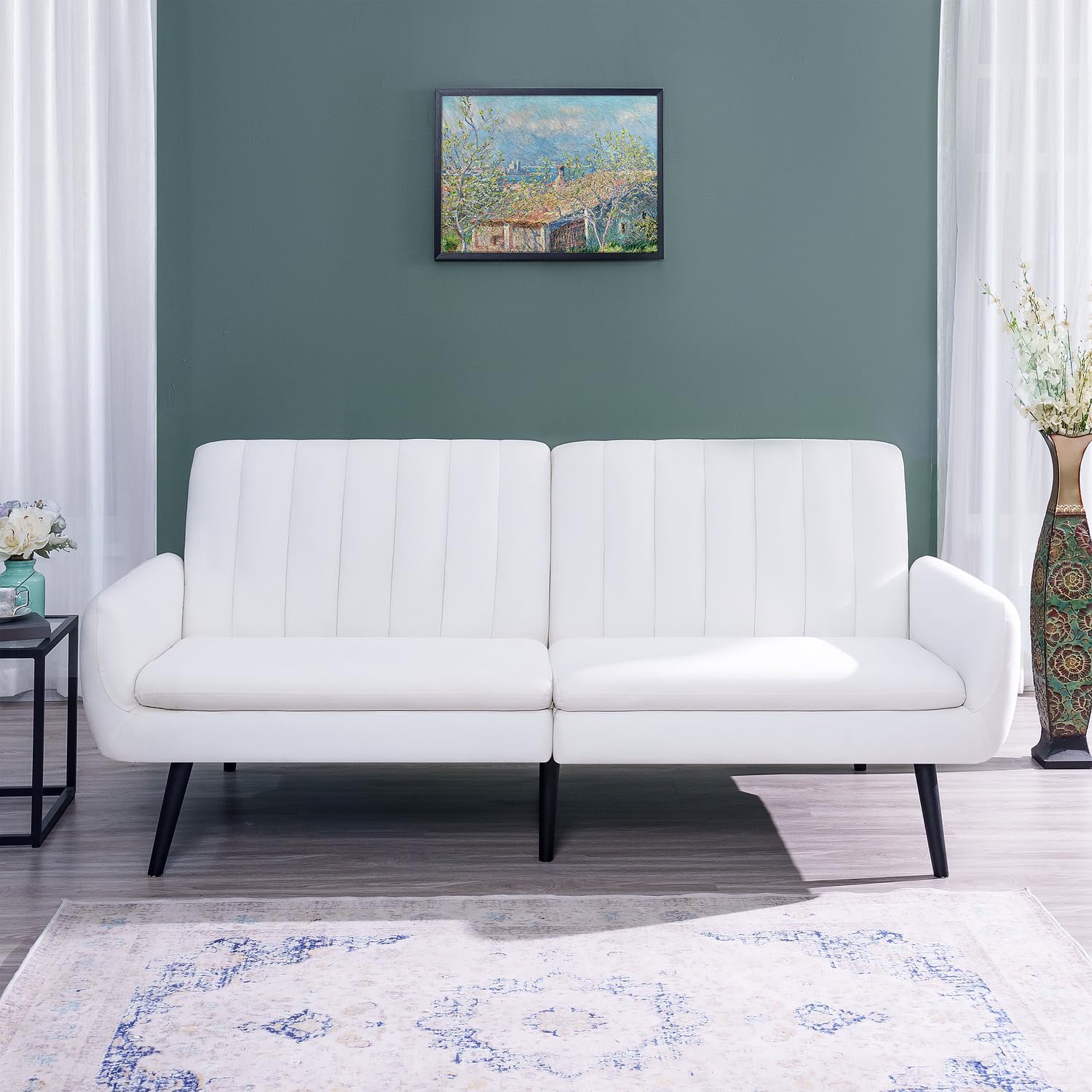 Naomi Home Raven – Sofá cama futón moderno, sofá convertible con respaldo dividido de lino para sala de estar, sofá cama moderno de mediados de