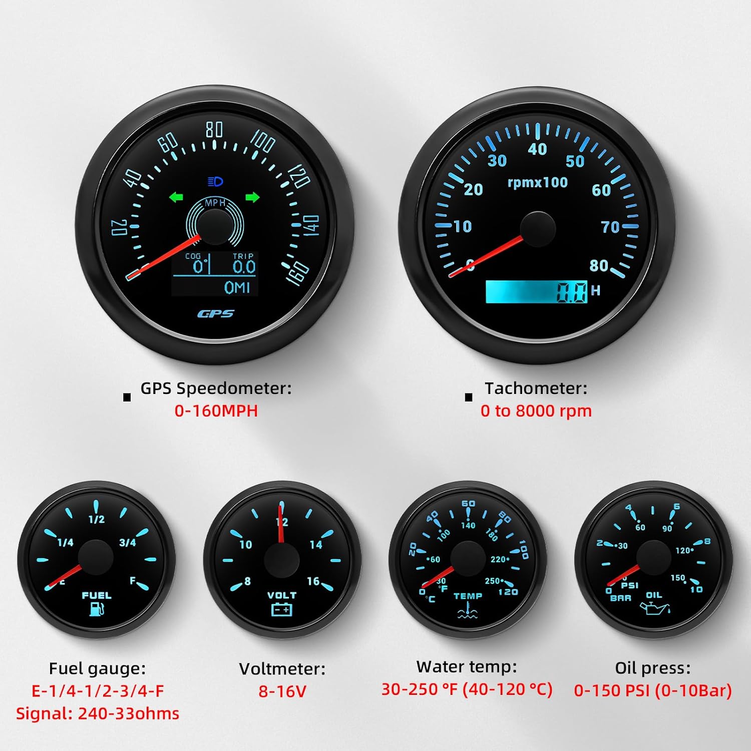 Faymizsa Juego de 6 calibres de 7 colores, velocímetro GPS de 3-38 pulgadas, 160 MPH y tacómetro, medidor de presión de aceite de 2-116 pulgadas,