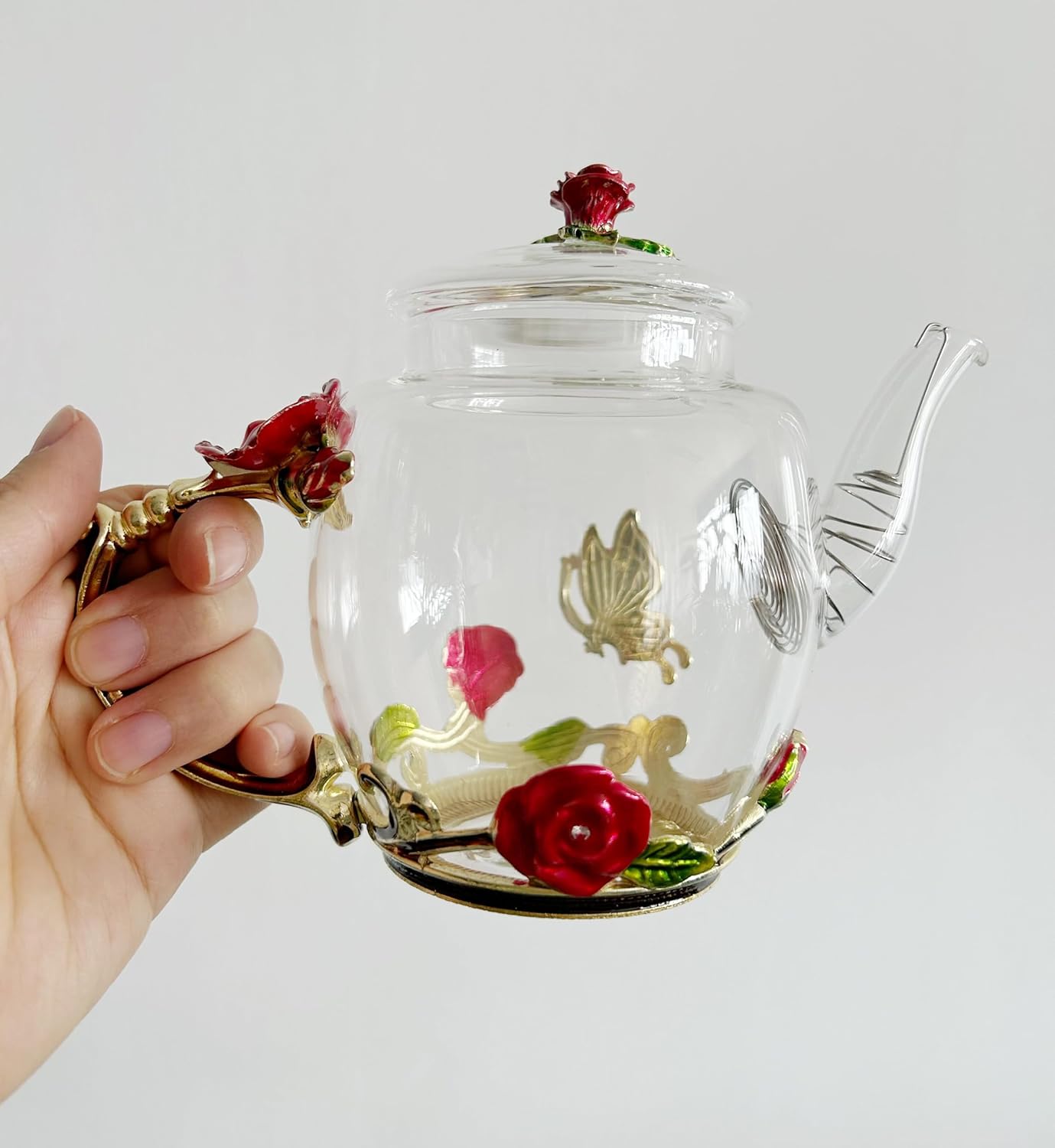Tetera creativa de cristal de flores para té de Kung Fu, buen regalo para hermana, mamá, abuela, profesores (rosa roja)