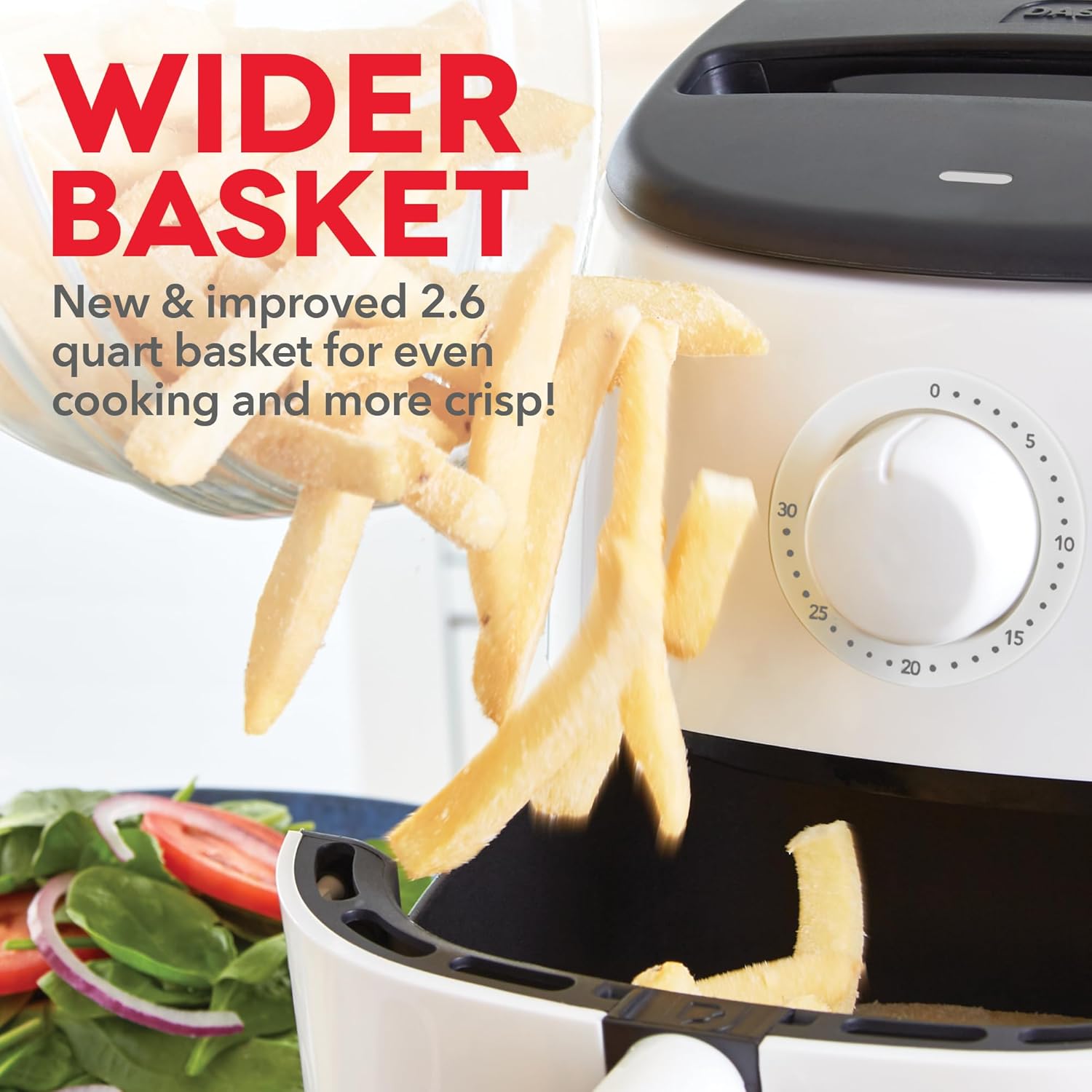 DASH Tasti-Crisp Express – Horno freidora de aire, 2.6 cuartos de galón, color blanco, freidora de aire compacta para alimentos más saludables en