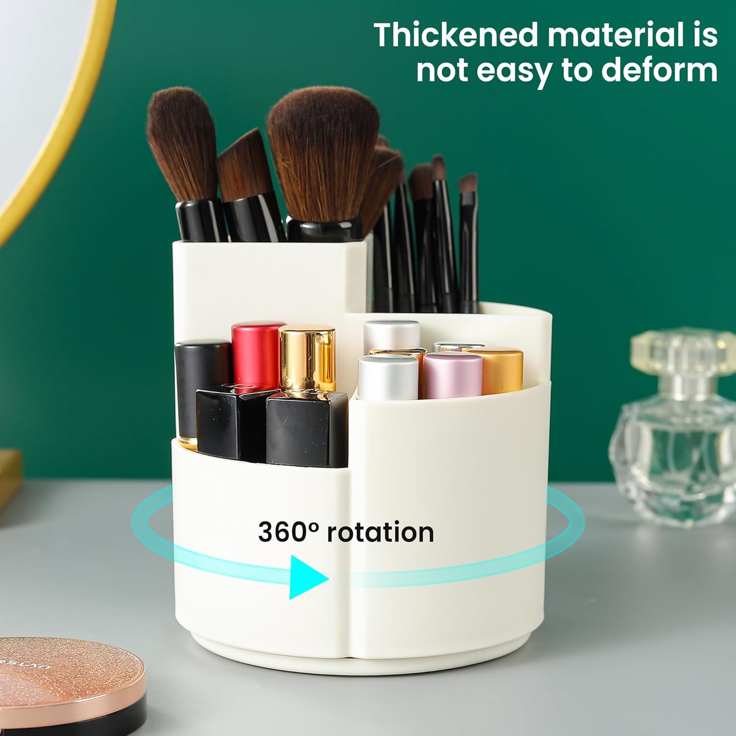 CUIUD Organizador de brochas de maquillaje para tocador rotación de 360, organizador multifuncional de cosméticos con 4 ranuras y organizador de