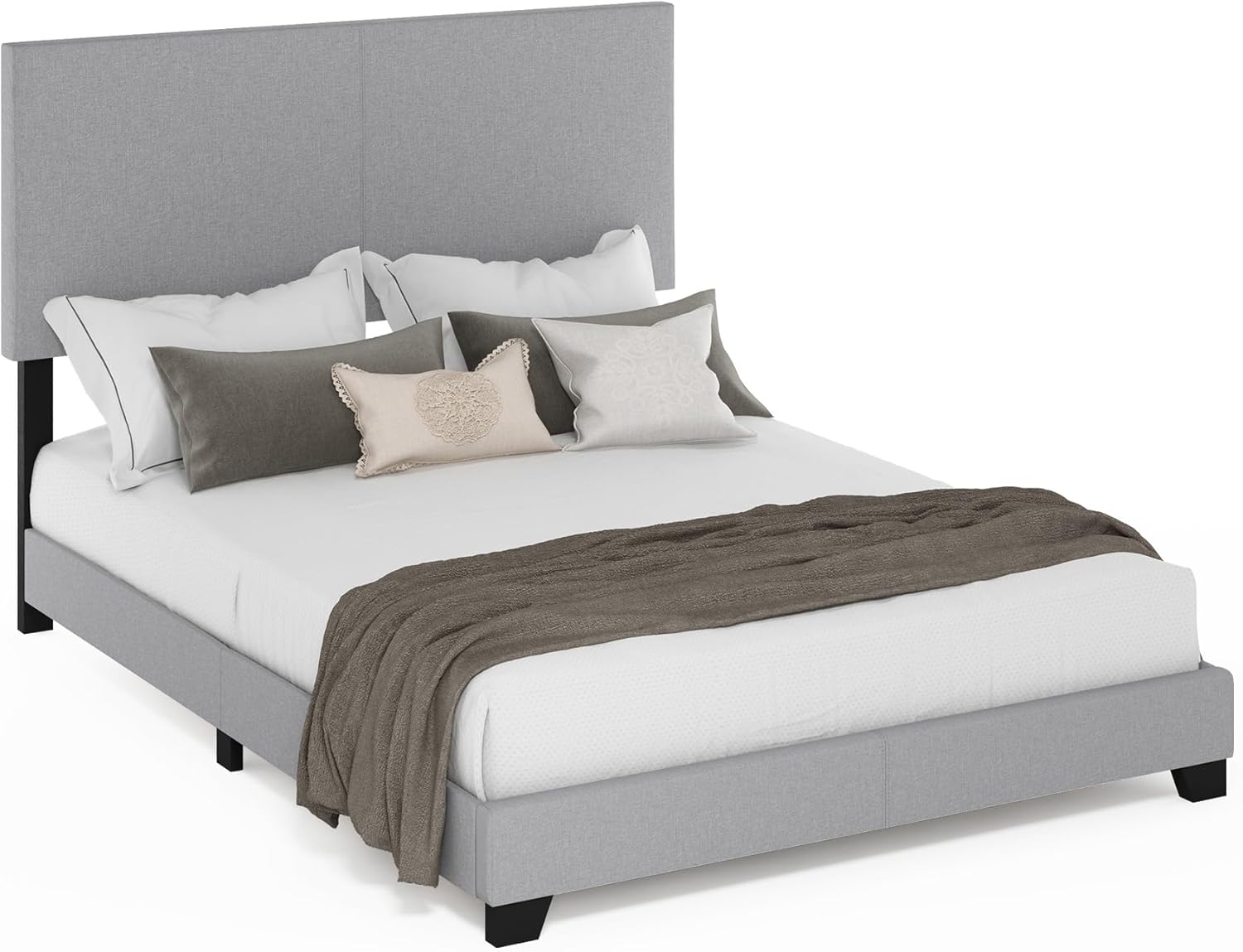 Furinno Pessac – Marco de cama tapizado de tela con soporte de listones de madera, tamaño Queen, glaciar