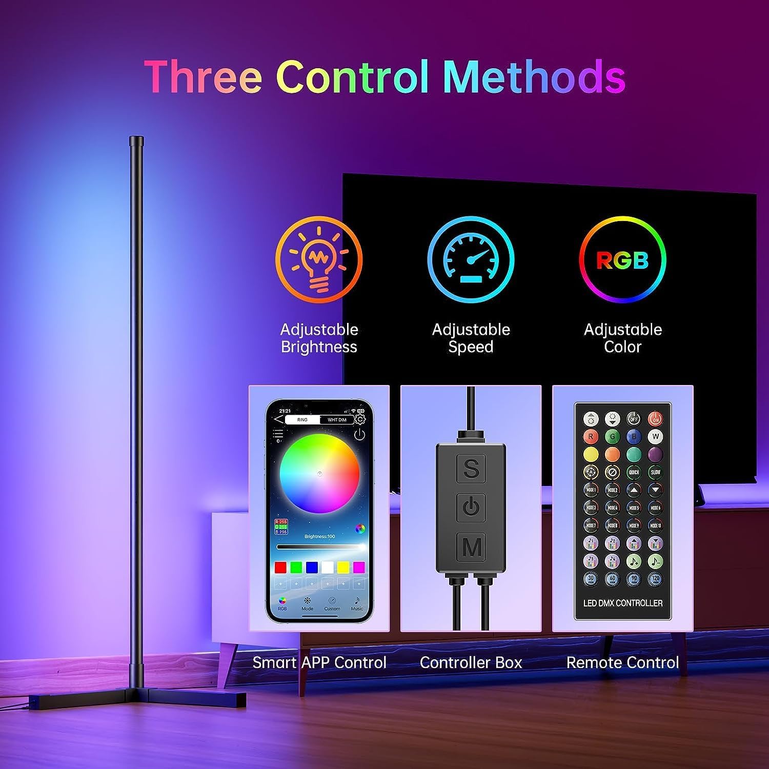 Paquete de 2 lámparas de pie de esquina, lámpara de esquina LED RGB de 63 pulgadas que cambia de color con control remoto y aplicación, lámpara de