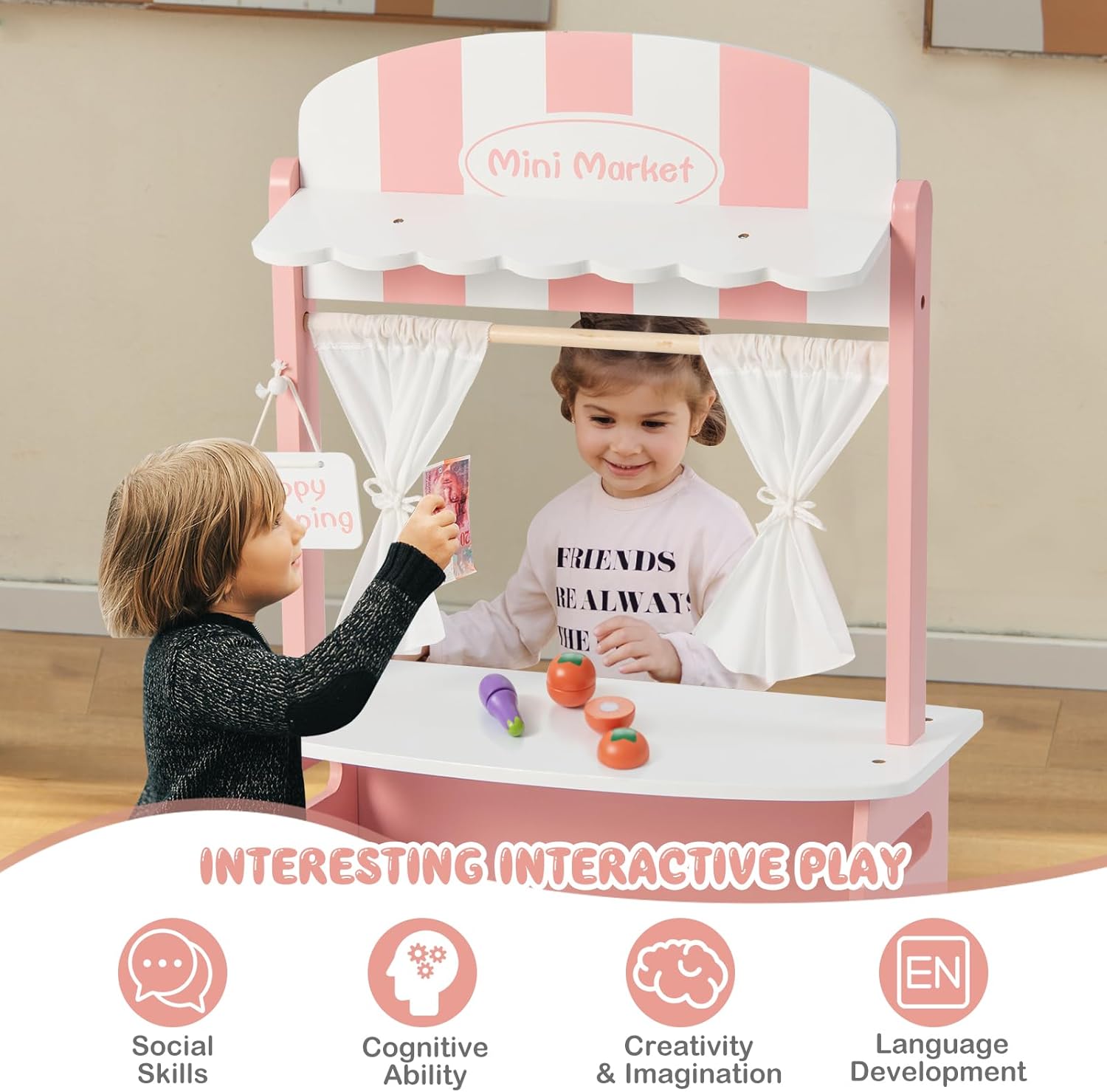 HONEY JOY Juego de tienda de comestibles para niños, soporte de madera para frutas con 36 accesorios para cortar alimentos y verduras, tienda de