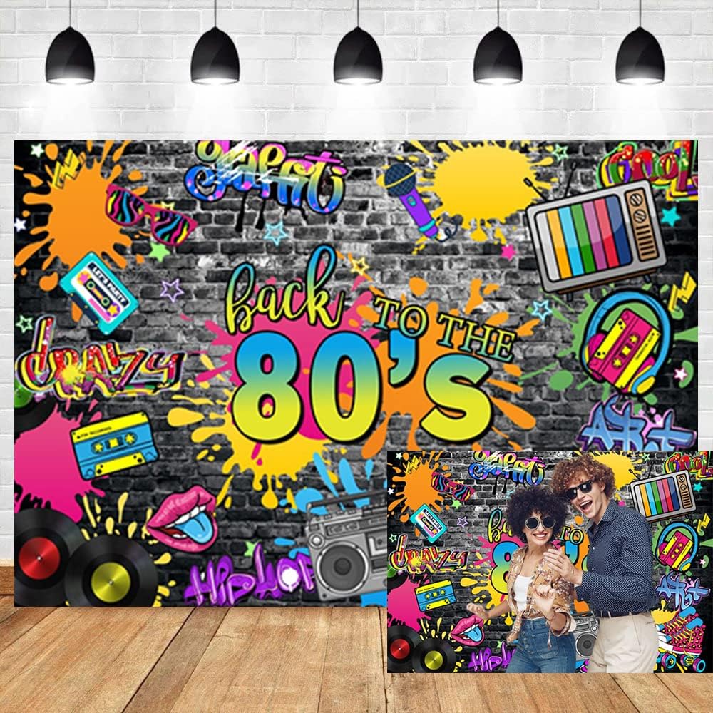 AWERT Fondo de fiesta temática de los años 80 de 10 x 6.5 pies, retro, hip hop, graffiti, pared, radio, TV, disco, fotografía, fondo de regreso a