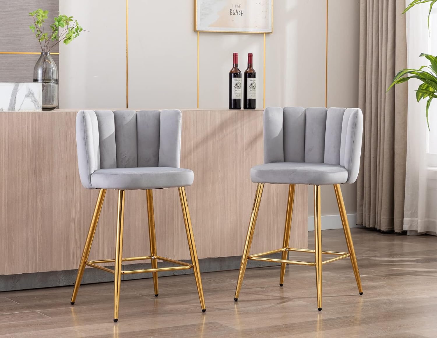 Kmax Juego de 2 taburetes de bar de 26 pulgadas, modernos taburetes de bar de terciopelo con reposapiés dorado, asiento de pétalos para isla de