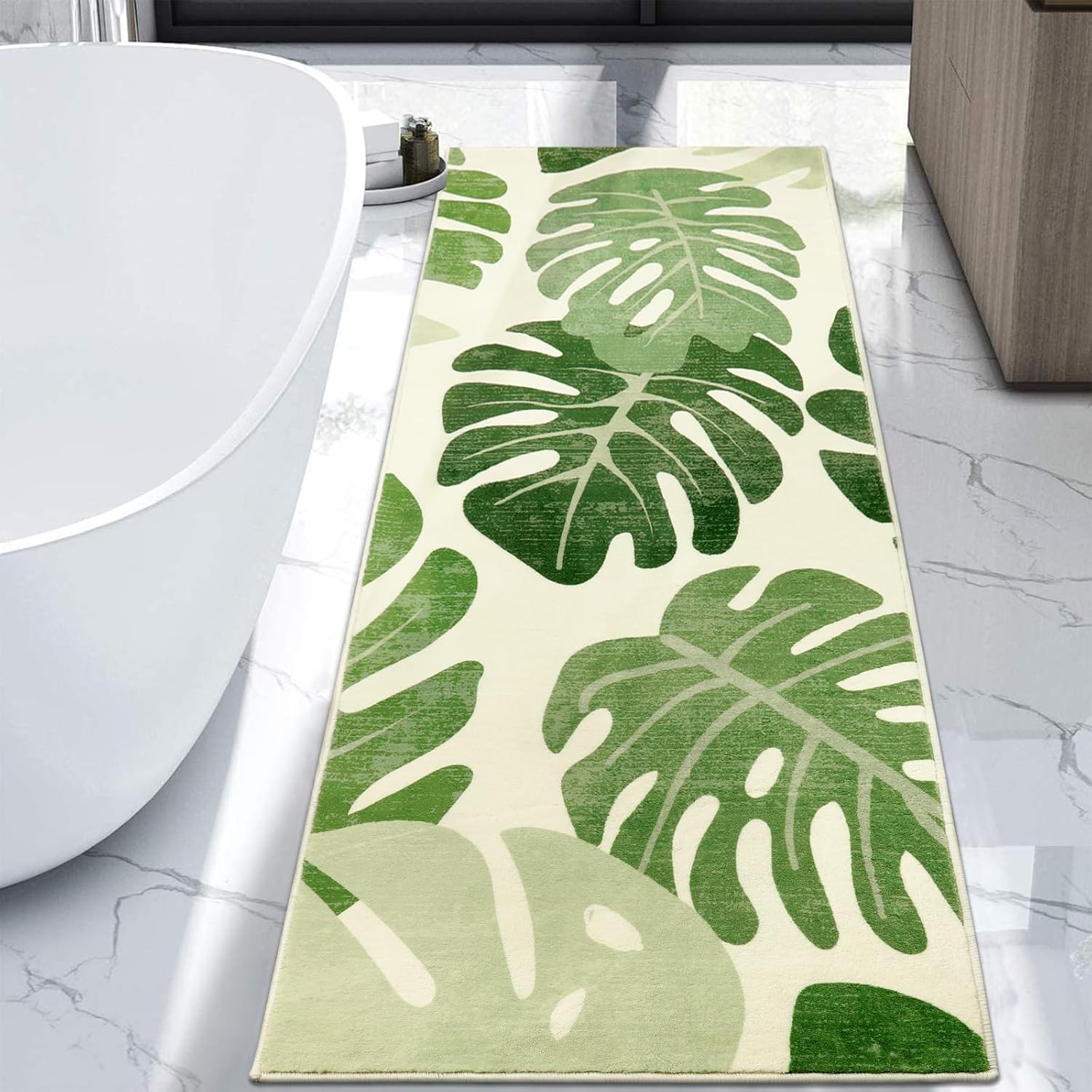 Lukinbox Alfombra de pasillo de hojas de 2 x 6 pies, color verde, lavable, extra larga, tropical, planta Monstera, antideslizante, alfombra