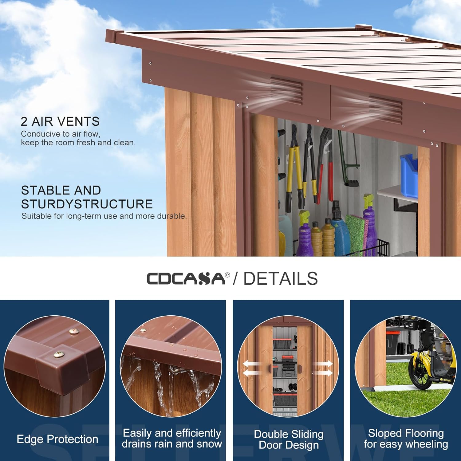 CDCASA Cobertizo de almacenamiento para exteriores de 5.3 x 3.2 pies, cobertizo de almacenamiento de metal con puertas correderas dobles, cobertizo