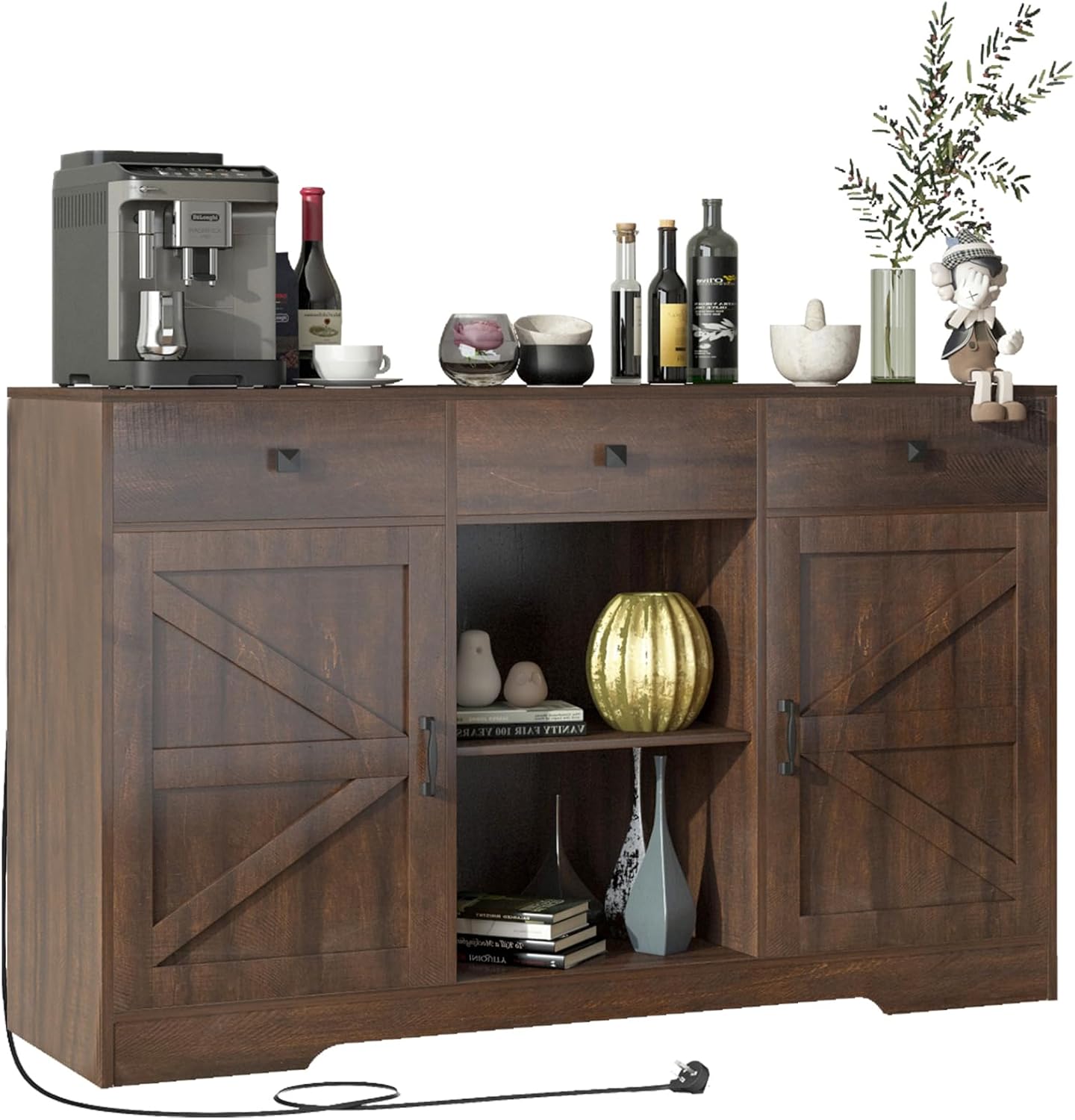 Armario de bar de café de granja, gabinete de almacenamiento de buffet de cocina de 54 pulgadas con puertas y cajones, aparador de granja, mesa de