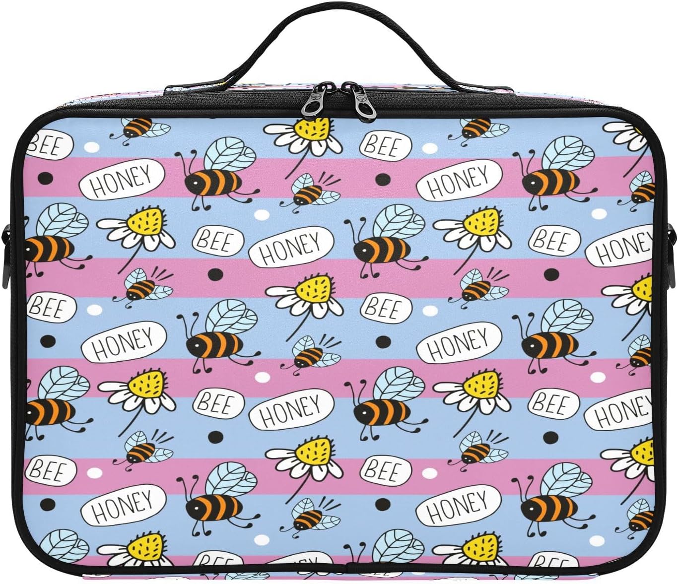 Abejas Happy Good Luck and Daisies Bolsa de maquillaje a rayas bolsa de cosméticos grande bolsa de aseo kit de viaje bolsas de maquillaje lindo