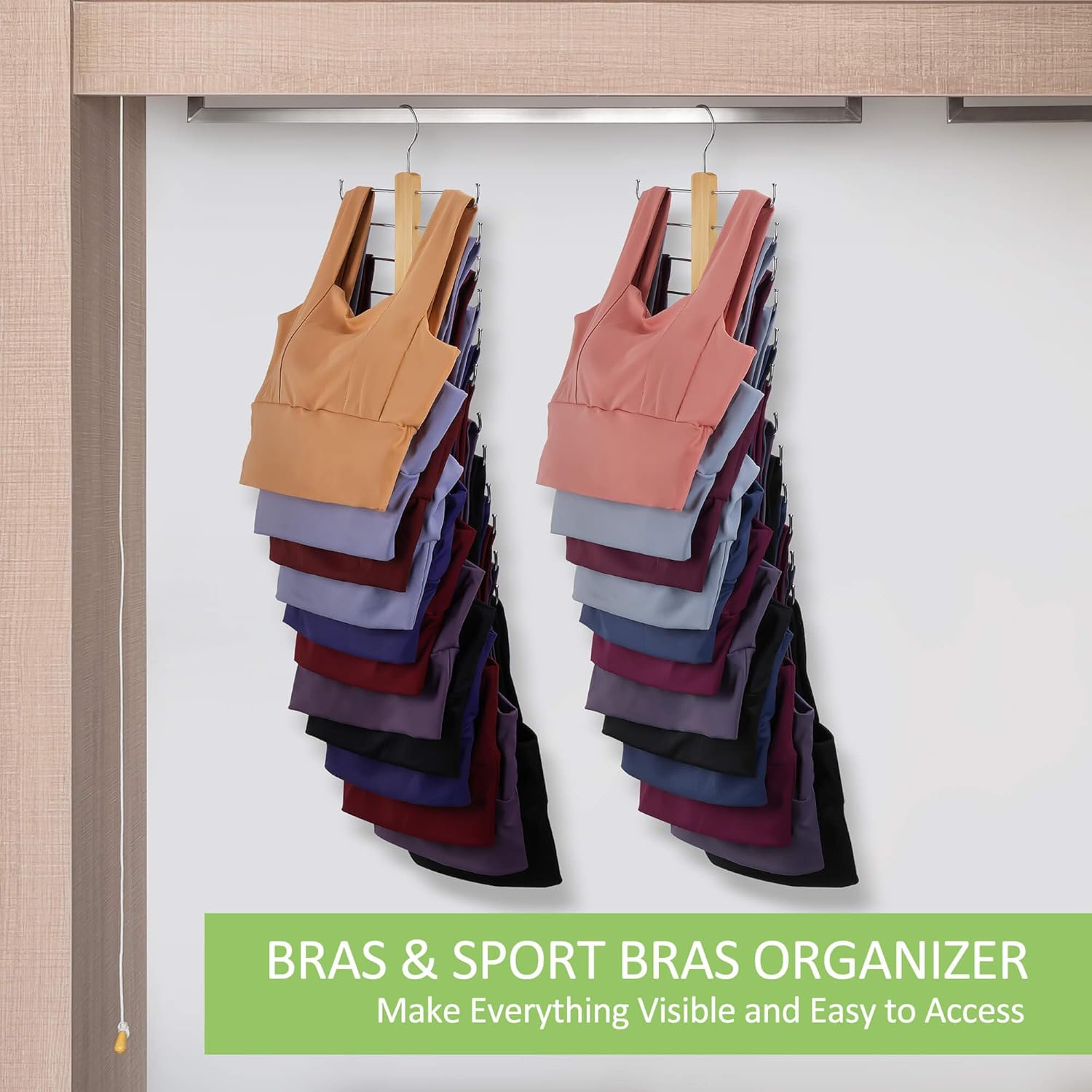 Percha para camisetas sin mangas, paquete de 2 organizadores de brasieres, soporte de madera resistente para ahorrar espacio, organizadores de