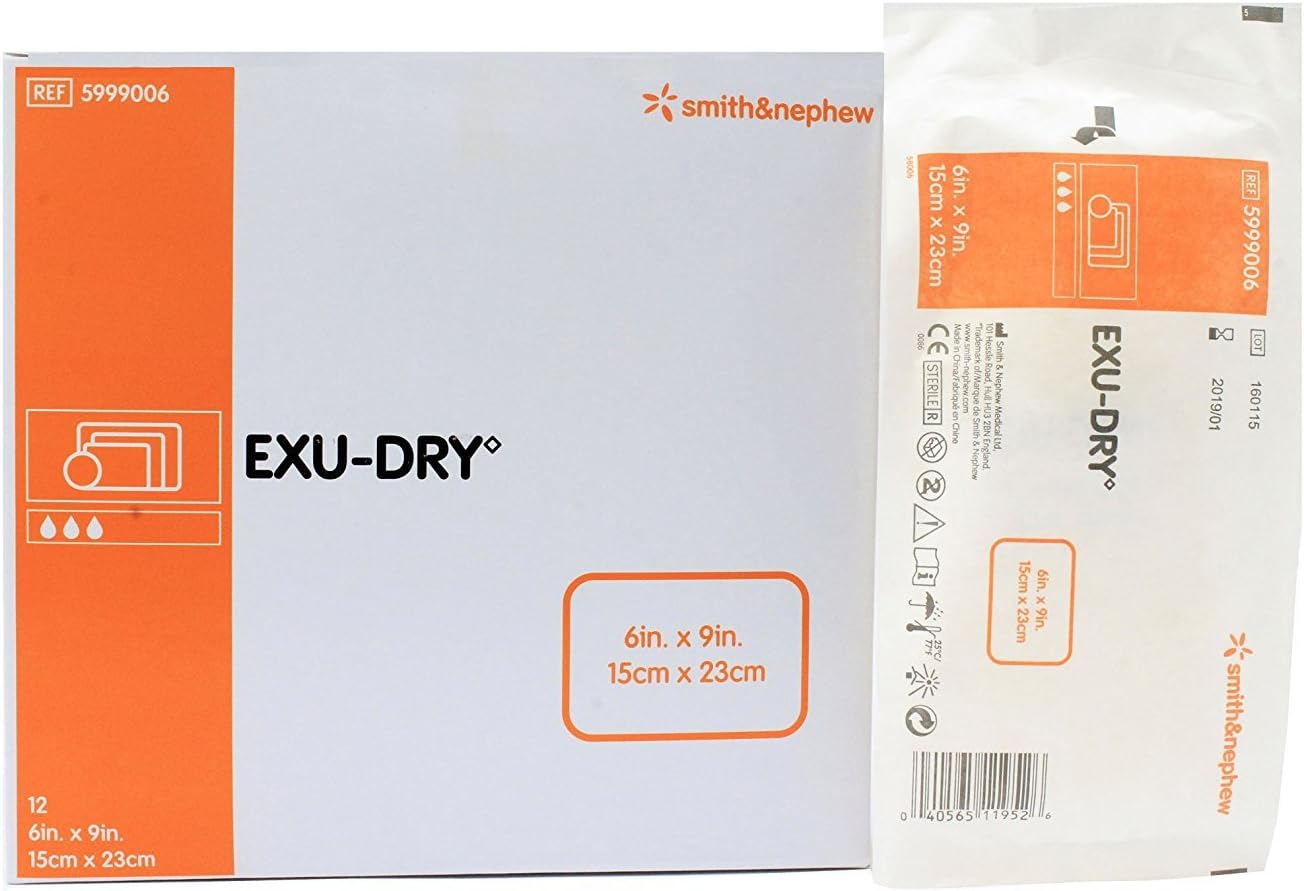 Smith and Nephew Inc Exu-Dry – Apósito absorbente antitransparencia para heridas, 6 x 9 pulgadas, no oclusivo, absorción completa, no adherente