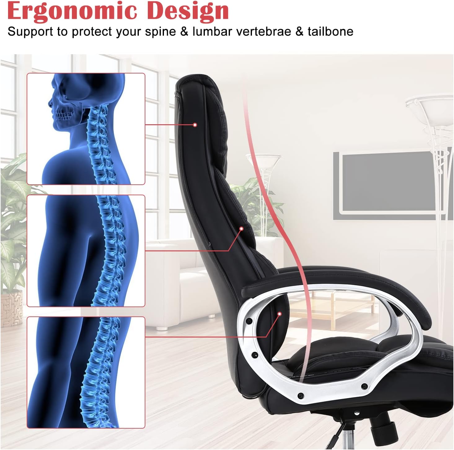 Silla de oficina ejecutiva de piel sintética con soporte lumbar, moderna silla de escritorio ergonómica ajustable con respaldo alto para oficina en