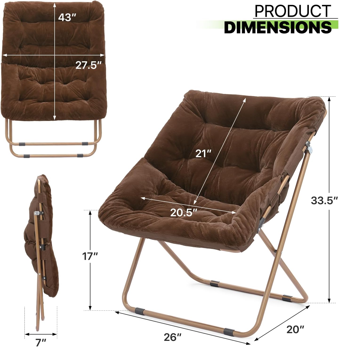 Magshion Silla cuadrada plegable de gran tamaño con platillo de luna para adultos, silla grande y acogedora para dormitorio, color marrón