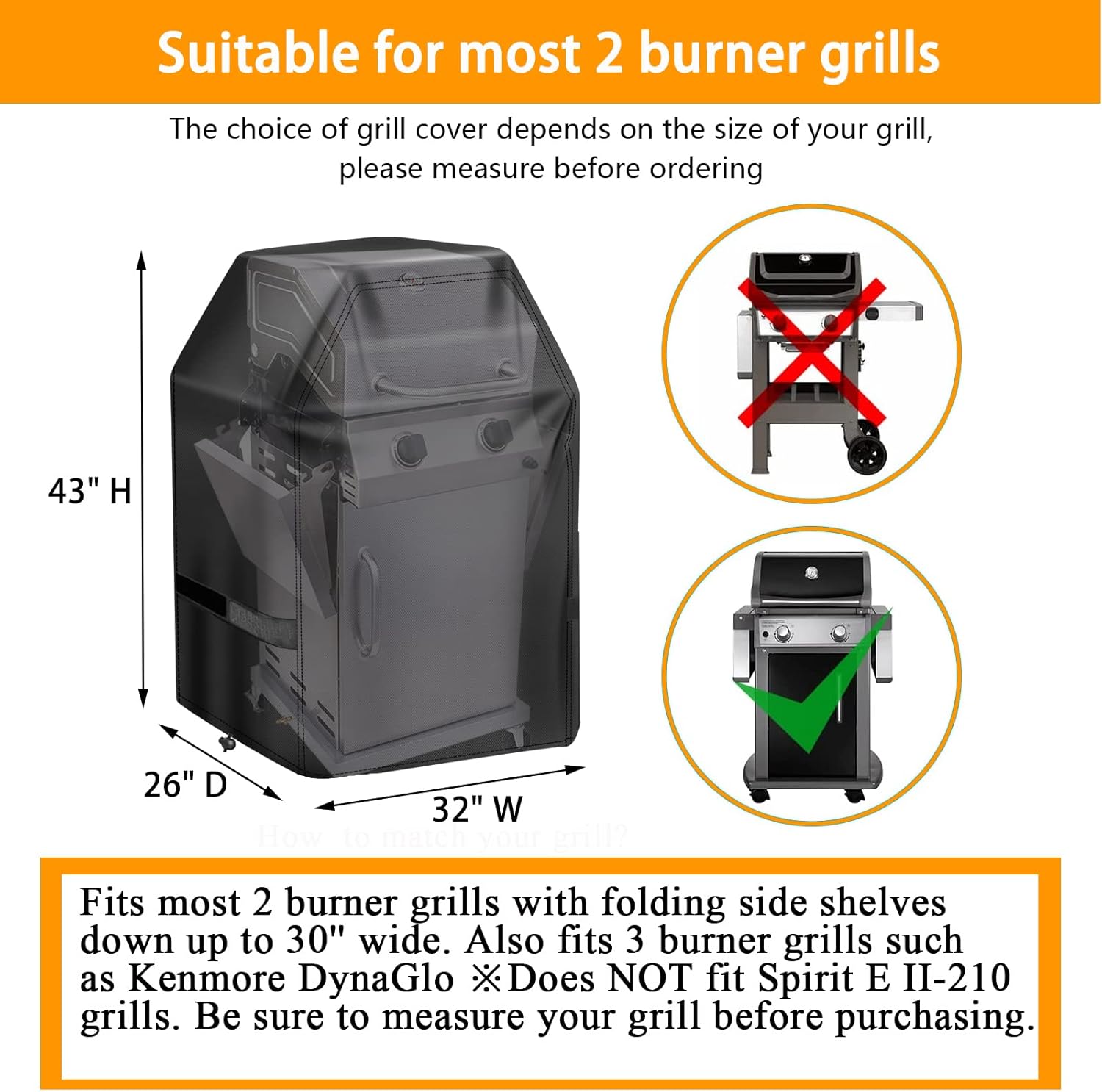 Funda para parrilla de gas de 32 pulgadas, se adapta a la mayoría de parrillas de 2 quemadores, impermeable, con correas de velcro y cordón
