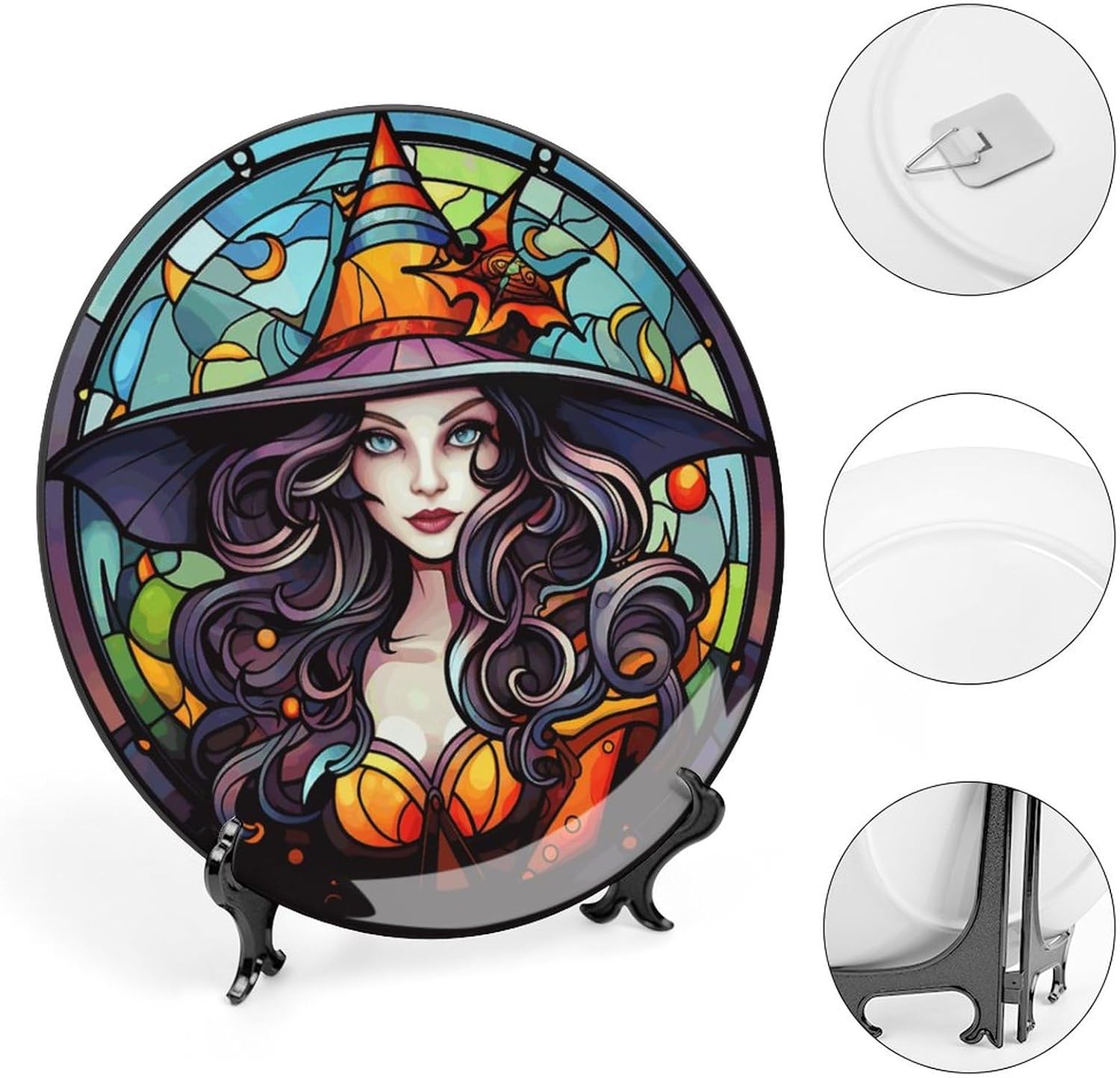 Platos decorativos de bruja con sombrero naranja para decoración del hogar de Halloween, platos de cerámica con diseño de vitrales para sala de