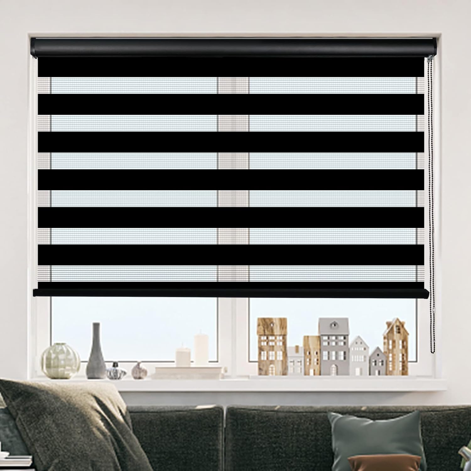 Kokorona Zebra – Persianas enrollables para ventanas, de doble capa con cenefa, color negro, 34 pulgadas de ancho x 72 pulgadas de alto