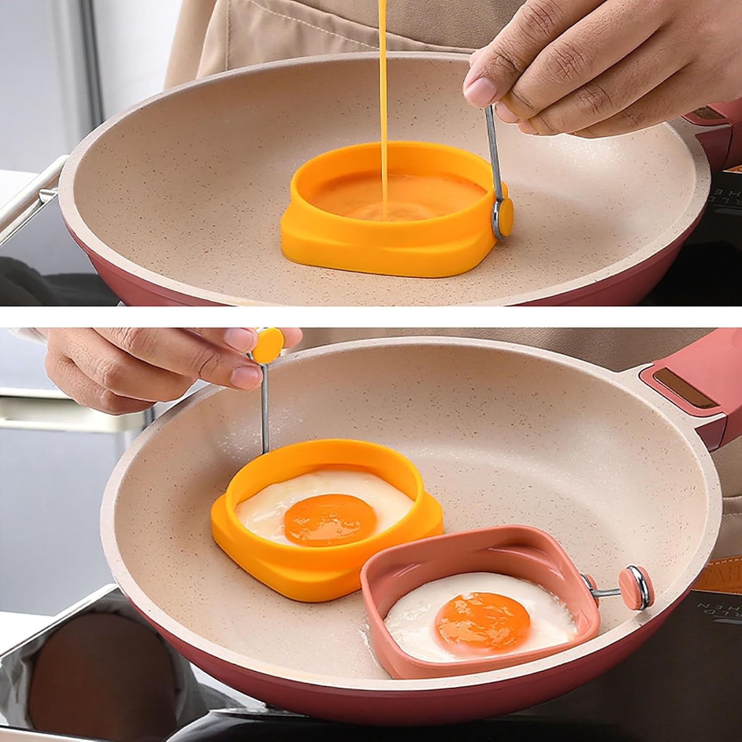 Anillos de silicona para huevos, paquete de 5 moldes redondos y cuadrados de doble cara para huevos de doble cara, molde antiadherente para huevos