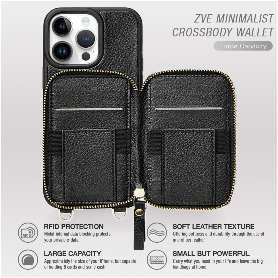 ZVE Magsafe – Funda tipo cartera para iPhone 15 Pro, funda magnética cruzada para teléfono con correa para la muñeca para mujer, funda de piel con