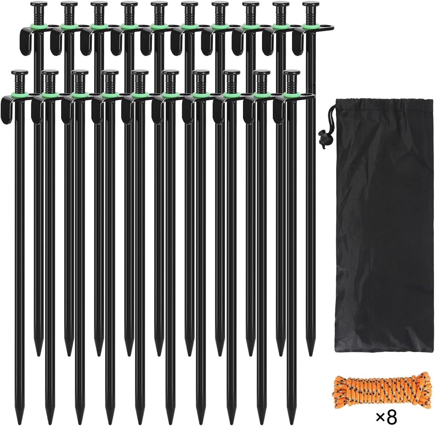 ZOUTOG – Juego de 20 estacas de metal para tienda de campaña de 12 pulgadas con cuerdas de 8 x 10 pies y bolsas de almacenamiento, clavijas
