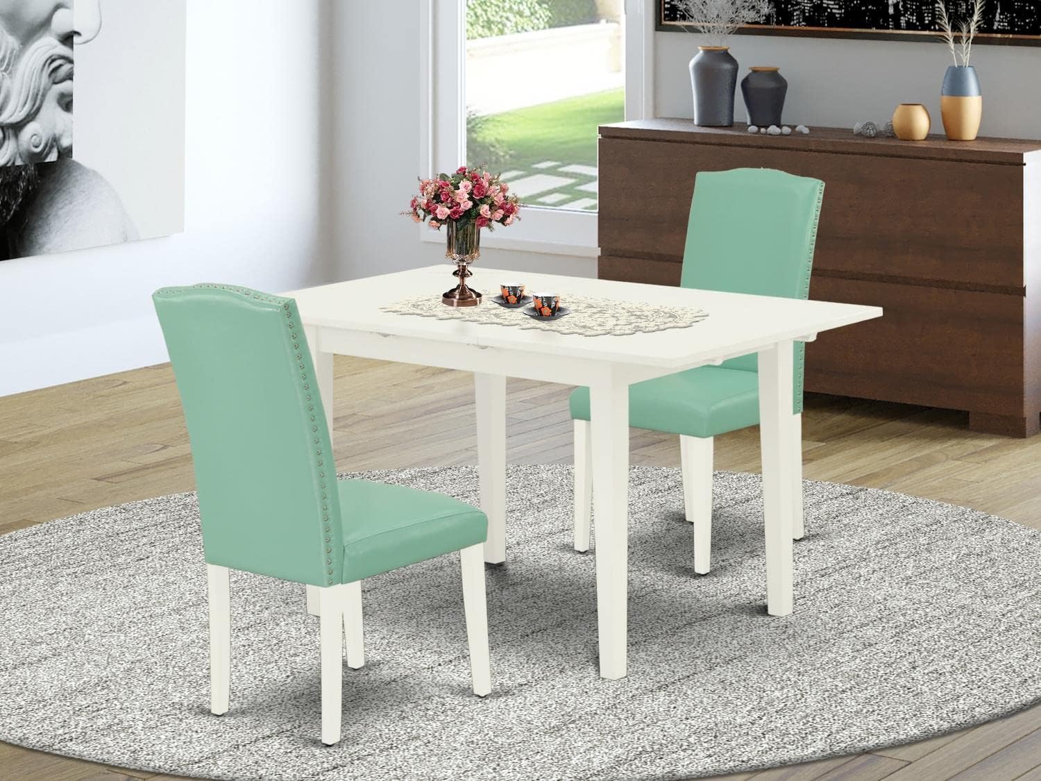 East West Furniture NOEN3-LWH-57 – Juego de cocina de 3 piezas que contiene una mesa de comedor rectangular con hojas de mariposa y 2 sillas Parsons