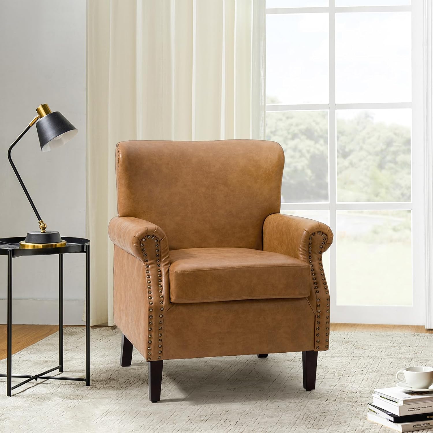 HULALA HOME Silla decorativa de piel sintética con reposabrazos enrollados y ribete de cabeza de clavos, cómodo sillón tapizado para sala de estar
