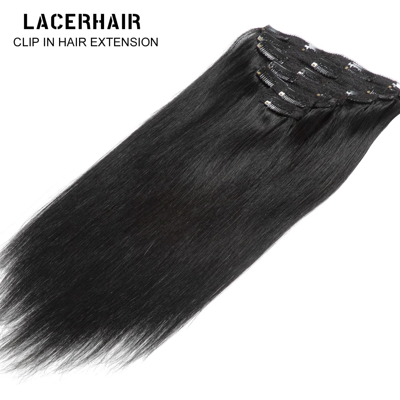 Lacer Extensiones de cabello humano con clip, de doble trama, cabello brasileño de cabeza completa, color negro azabache, extensiones de cabello