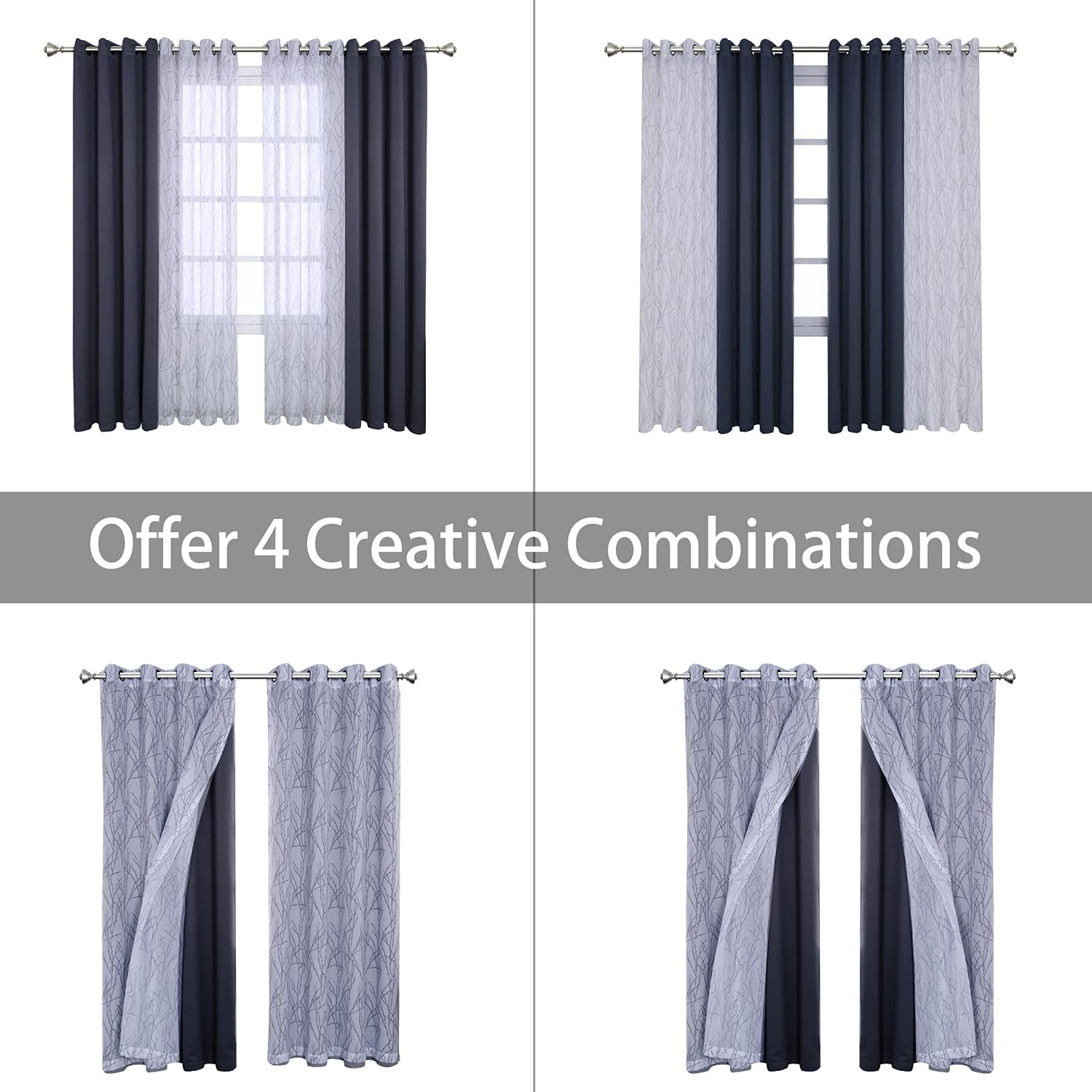 BONZER – Cortinas para combinar – 2 cortinas transparentes con impresión de rama y 2 cortinas opacas para dormitorio, sala de estar, ventana, 54×84