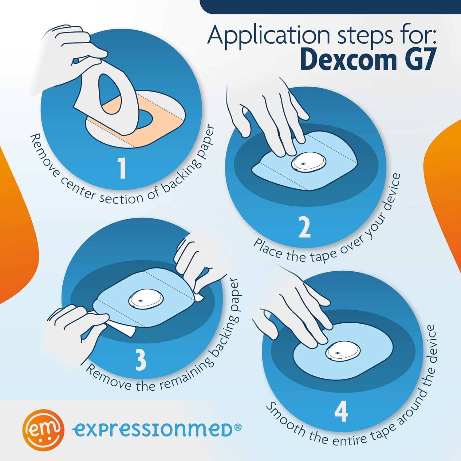 ExpressionMed – Parche adhesivo para Dexcom G7 y Stelo (paquete de 5) – Fabricado en los Estados Unidos, impermeable, parte trasera dividida, cinta
