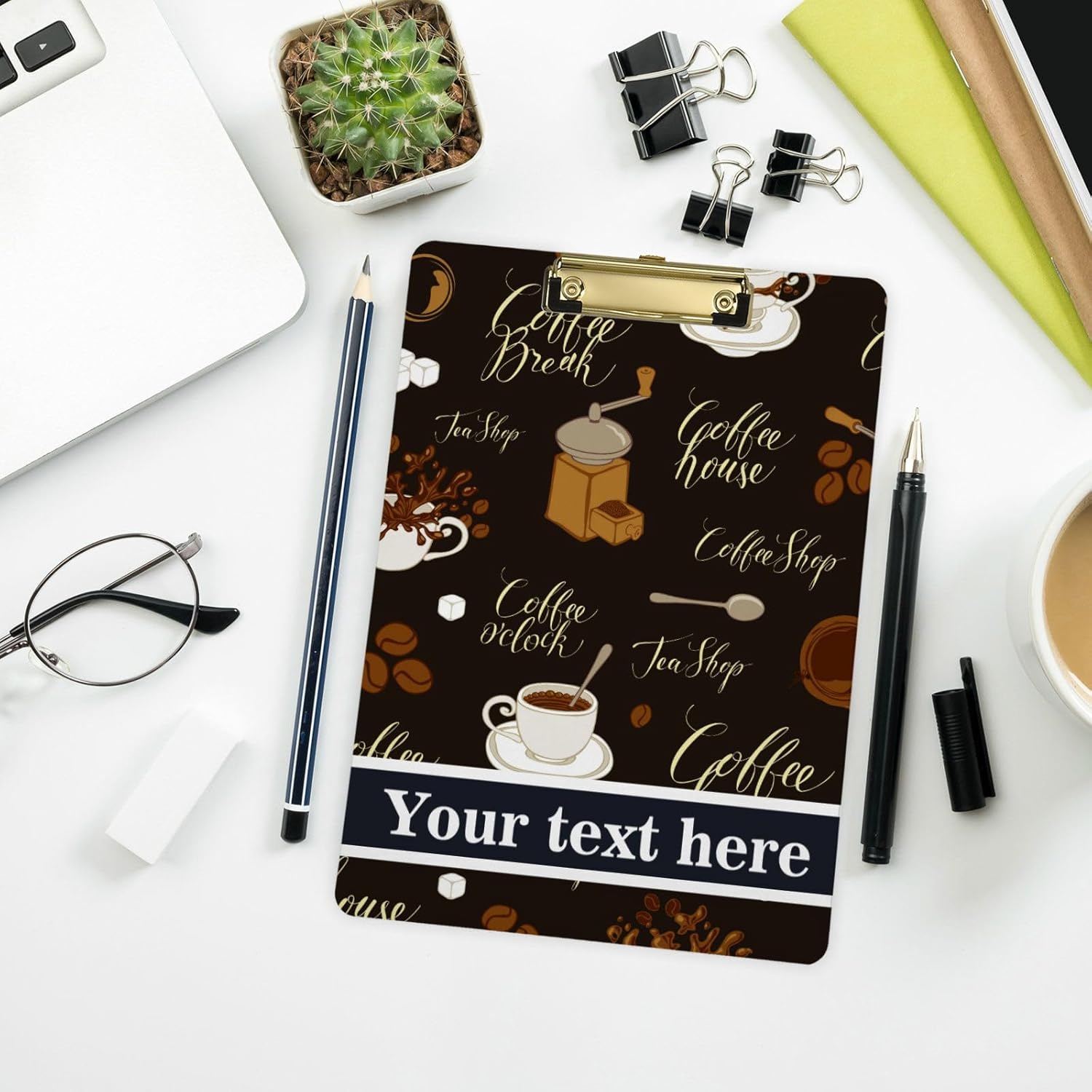 Portapapeles de plástico personalizado para té, café, tamaño carta estándar, cartón personalizado con clip de metal de perfil bajo para colgar,