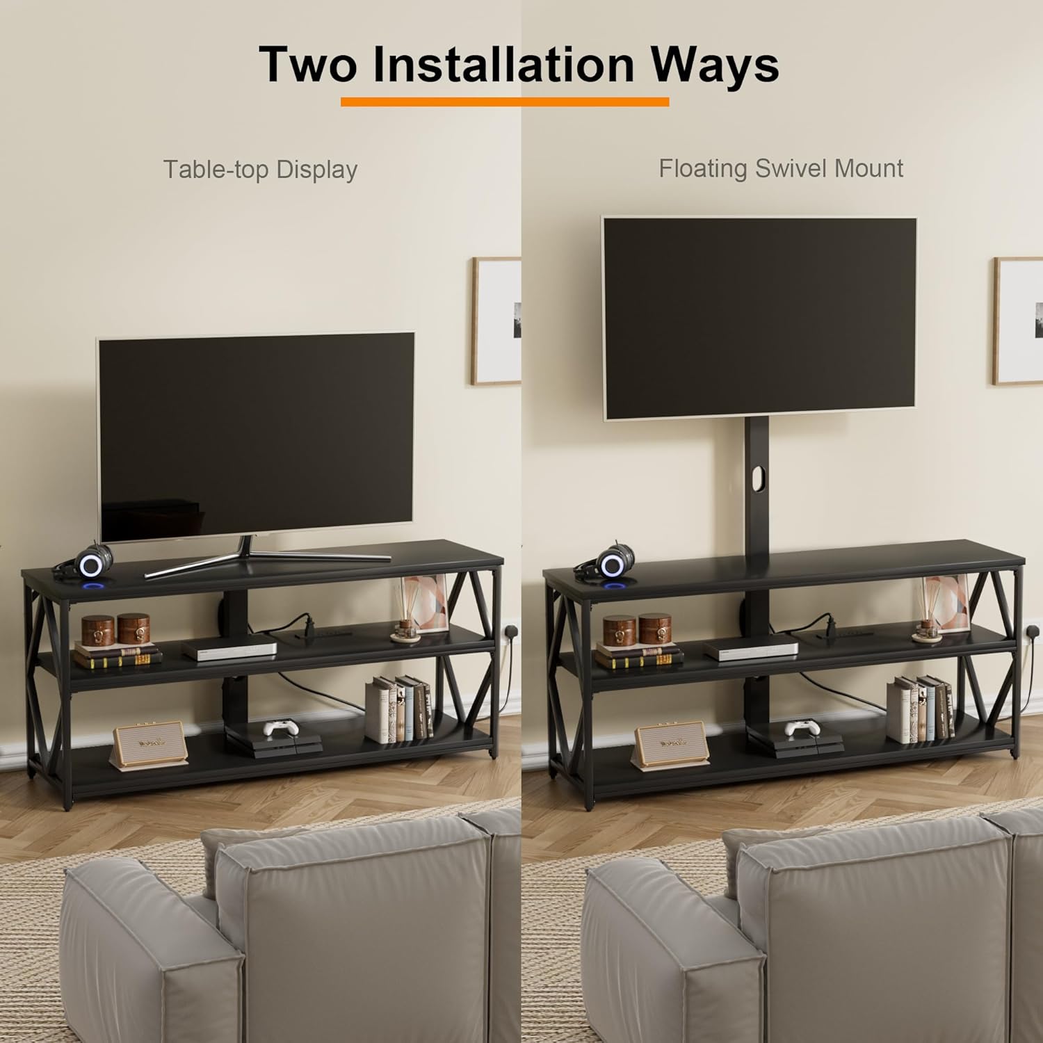Furmax Soporte de TV con soporte y toma de corriente, soporte giratorio universal de altura ajustable para televisores de hasta 75 pulgadas, centro