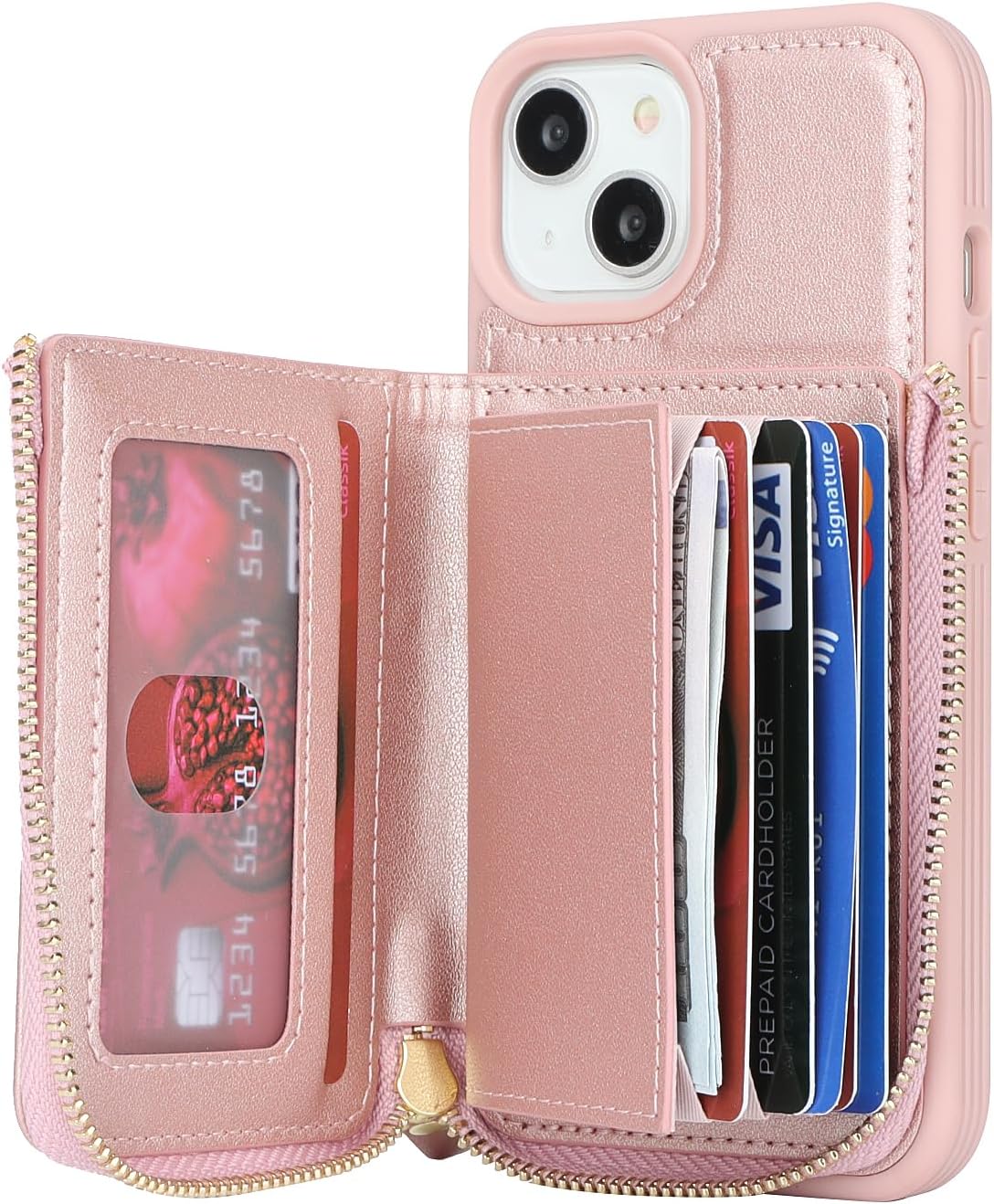 Funda para iPhone 14 Plus con tarjetero para iPhone 14 Plus, funda tipo cartera para mujer, funda con cremallera y cordón para bolsillo para
