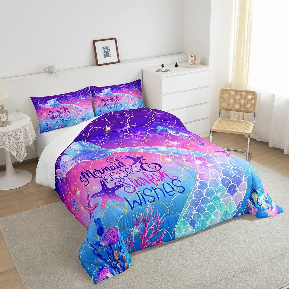 Erosebridal Juego de edredón Queen con escamas de pez, juego de ropa de cama neón con purpurina galaxia pastel para niños y niñas, juego de edredón