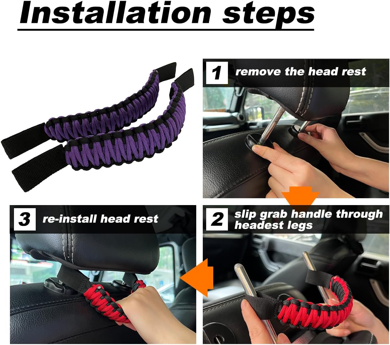 Asas de agarre para reposacabezas (púrpura), asas de agarre para reposacabezas de paracaídas para Jeep Tacoma Bronco 4Runner, asas de agarre