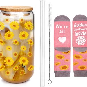 Mason Life Regalos de girasol, regalos de girasol para mujer, tazas de vidrio con tapas y pajitas, taza de girasol y calcetines divertidos, taza de Mason Life Regalos de girasol, regalos de girasol para mujer, tazas de vidrio con tapas y pajitas, taza de girasol y calcetines divertidos, taza de