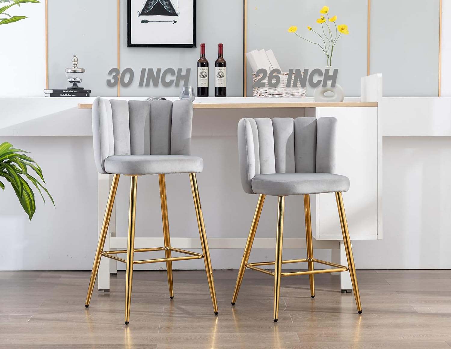 Kmax Juego de 2 taburetes de bar de 26 pulgadas, modernos taburetes de bar de terciopelo con reposapiés dorado, asiento de pétalos para isla de