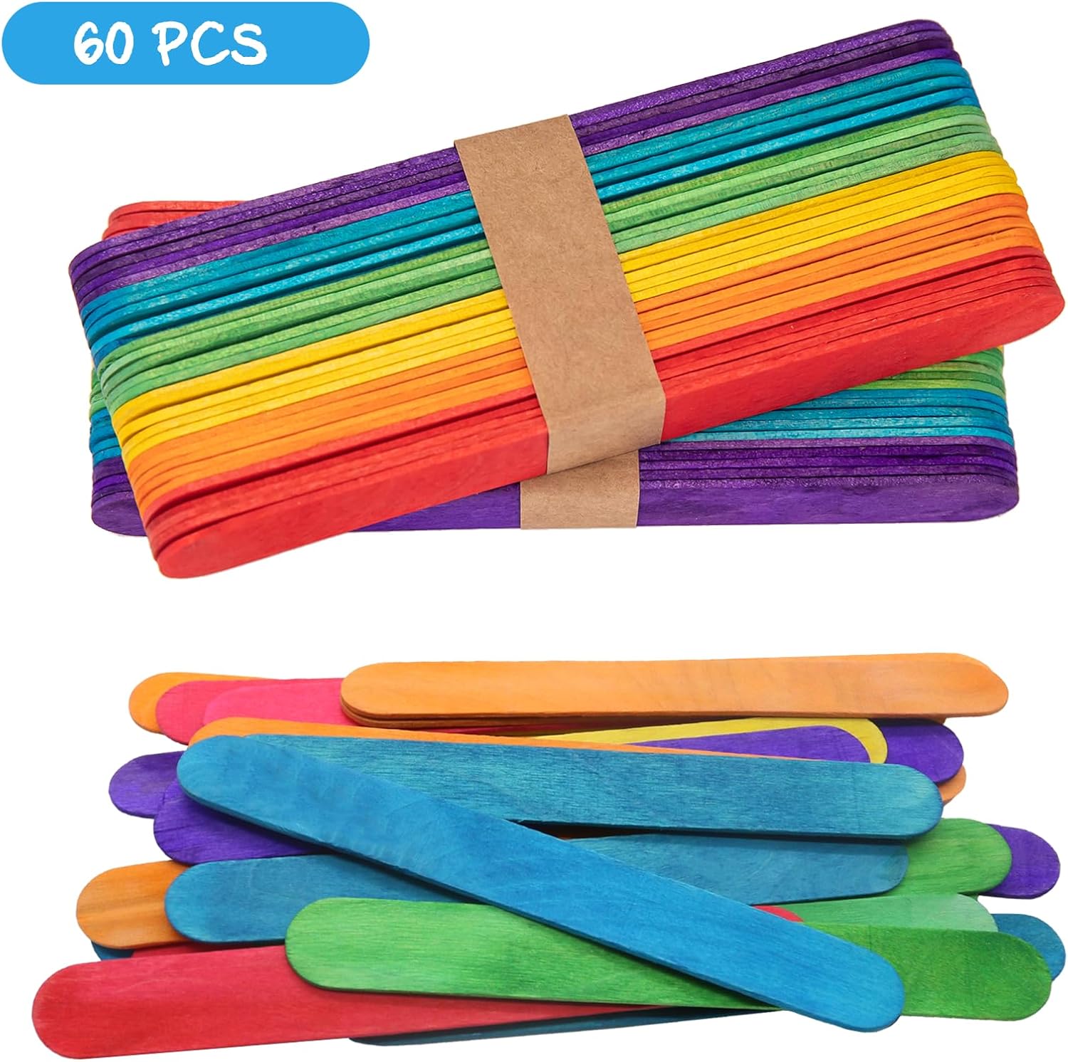 60 palitos de madera jumbo de 6 pulgadas de colores, palitos de paleta de madera arco iris, palitos anchos de paleta, palitos de golosinas, palitos