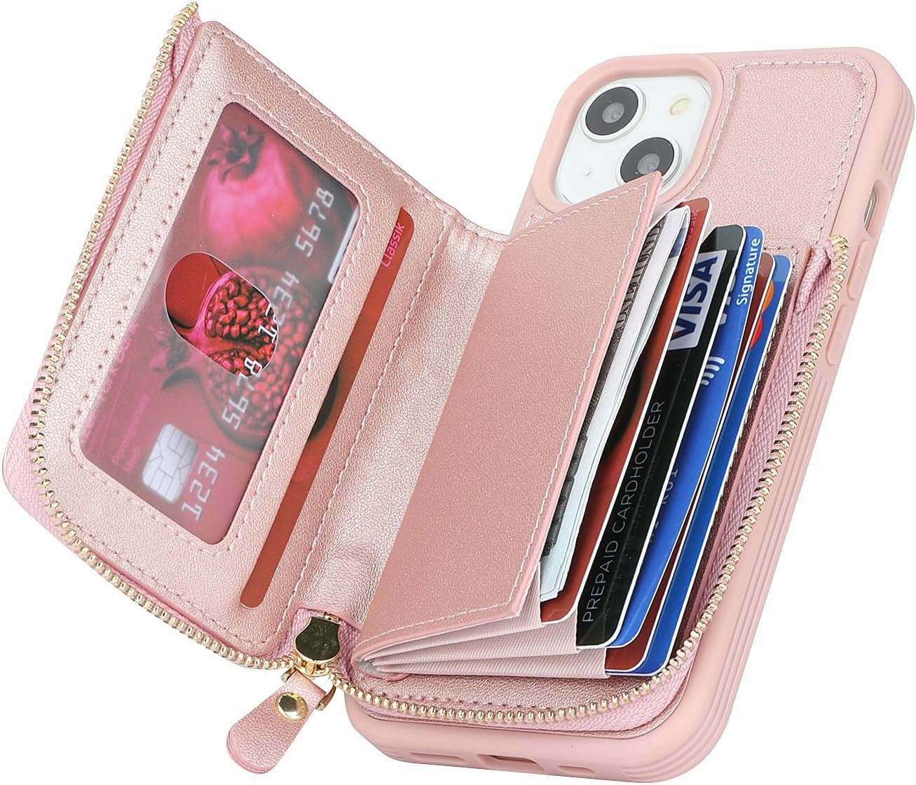 Funda para iPhone 14 Plus con tarjetero para iPhone 14 Plus, funda tipo cartera para mujer, funda con cremallera y cordón para bolsillo para