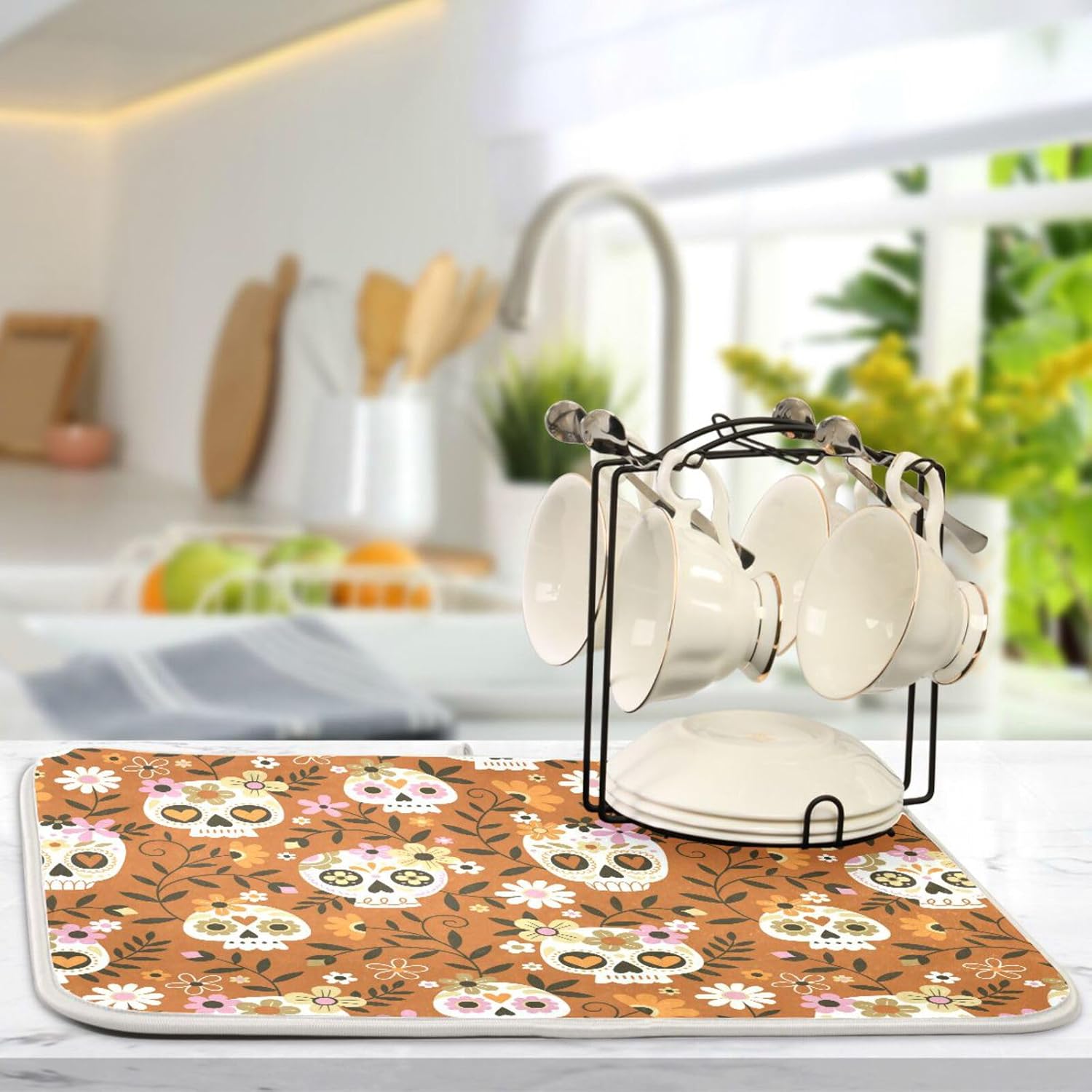 Cute Skull Dish Mat Washnable Absorbent Counter Top Accessories Kitchen Countertop Pad Tapete Para Cocina 16” x 18”