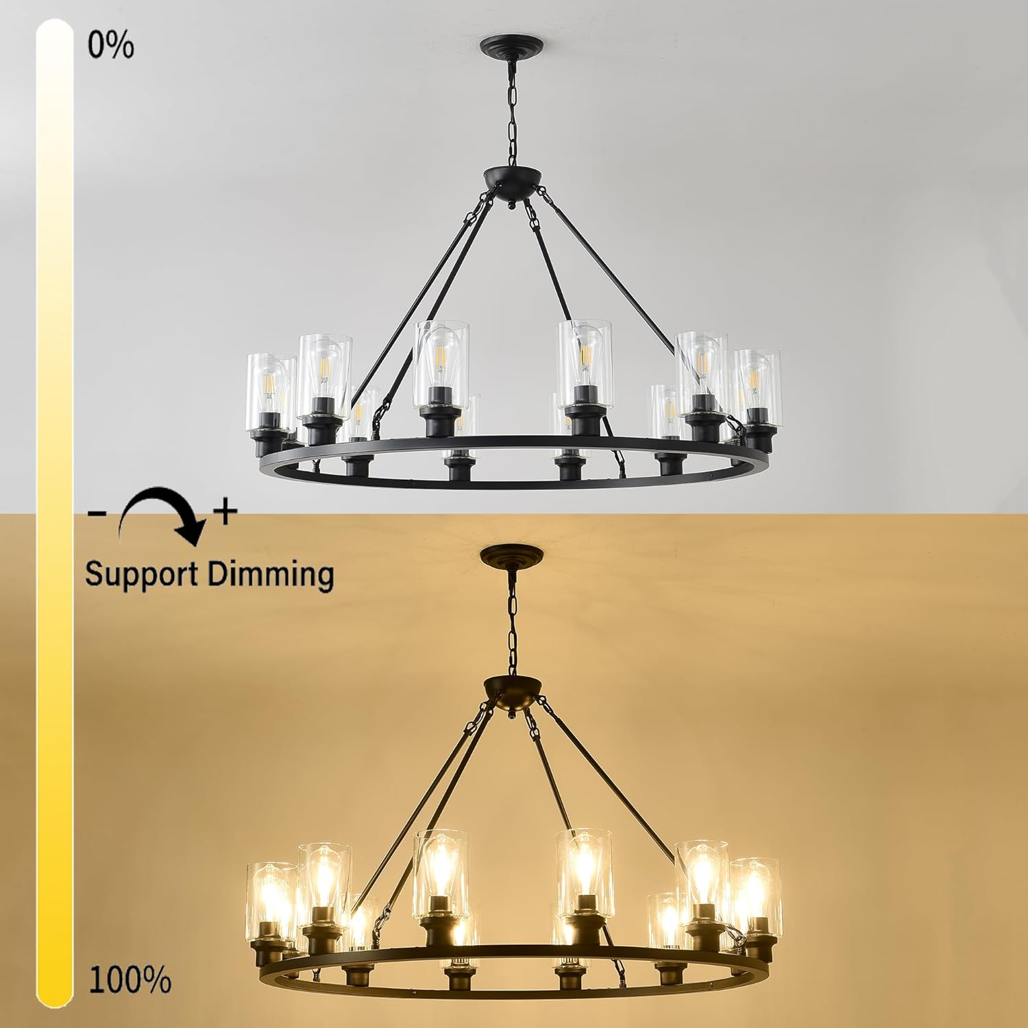 Candelabro grande negro de 32 pulgadas con ruedas de carro, moderna lámpara colgante de cristal de granja, 12 luces, accesorios de iluminación para