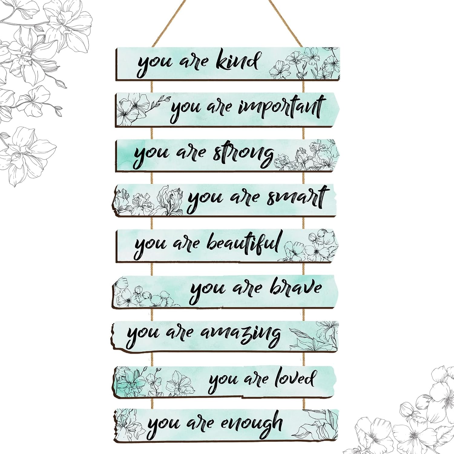 Un juego de 9 piezas inspiradoras de decoración floral para pared con texto en inglés “You Are Amazing Beautiful Loved Quotes Sign”, decoración