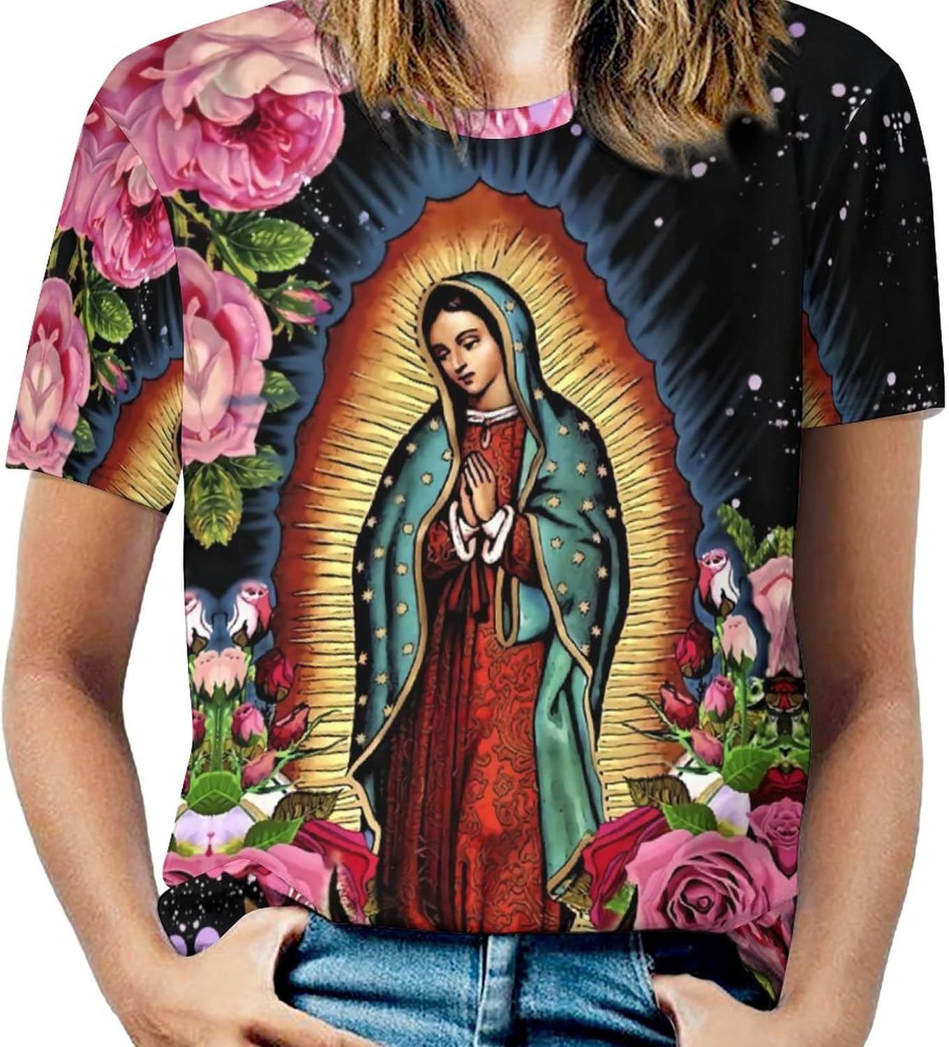 Camiseta con estampado completo para mujer Virgen María de Guadalupe