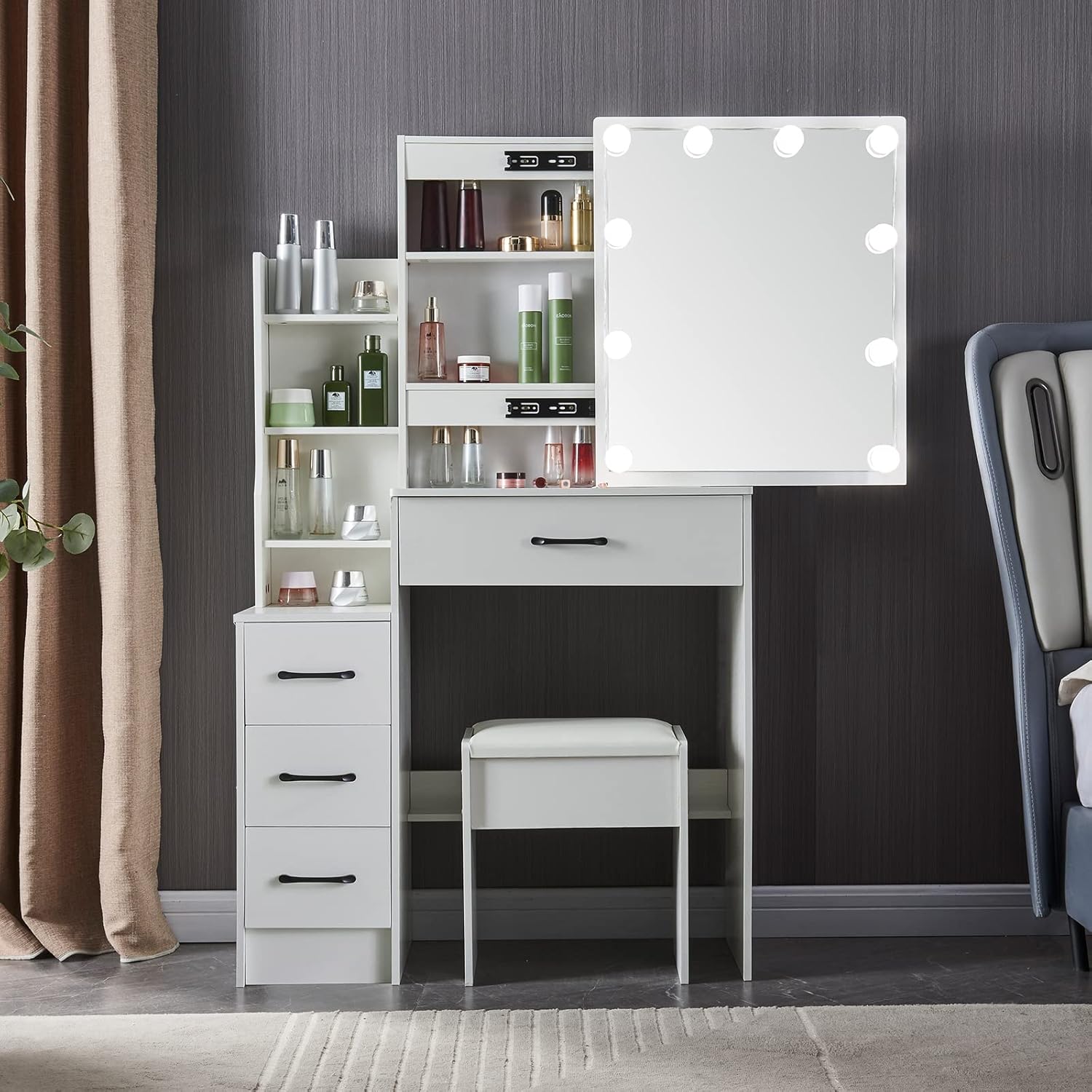 Mesa de tocador blanca con espejo y luces, espejo de tocador con luces, escritorio y silla para dormitorio, escritorio de tocador con 4 cajones de