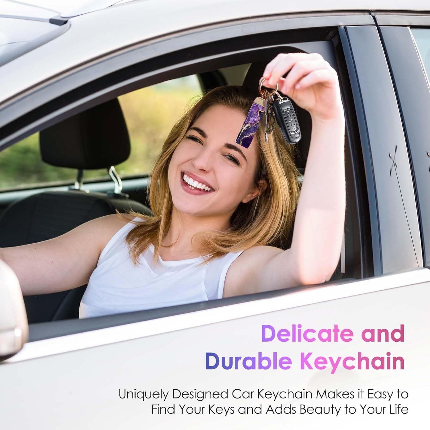Llavero de cuero para hombre y mujer, llaveros para llaves de coche con 5 llaveros y llavero de anillo en D antipérdida, Mármol púrpura