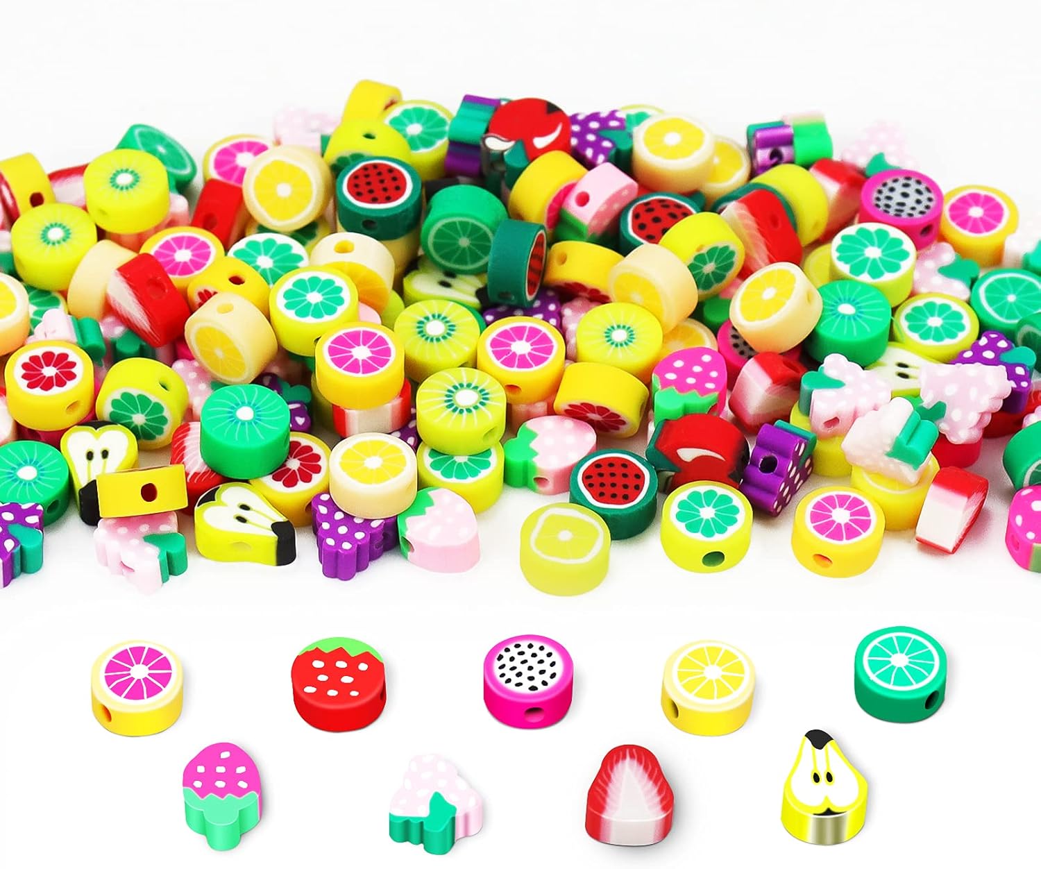 Mity rain 200 cuentas de frutas para la fabricación de joyas, cuentas coloridas de arcilla polimérica de 0.394 pulgadas (0.394 in), cuentas