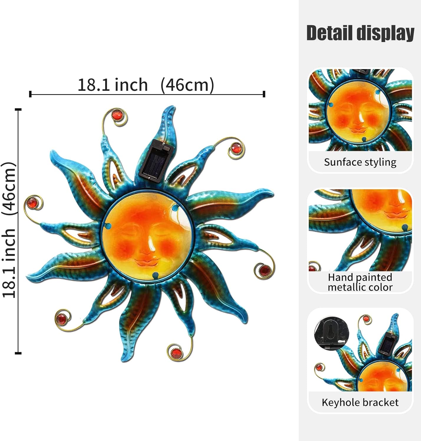 Fashionoda Arte de pared de cara solar de 18 pulgadas, escultura de sol de metal con luces LED y cara sonriente, decoración para colgar en la pared